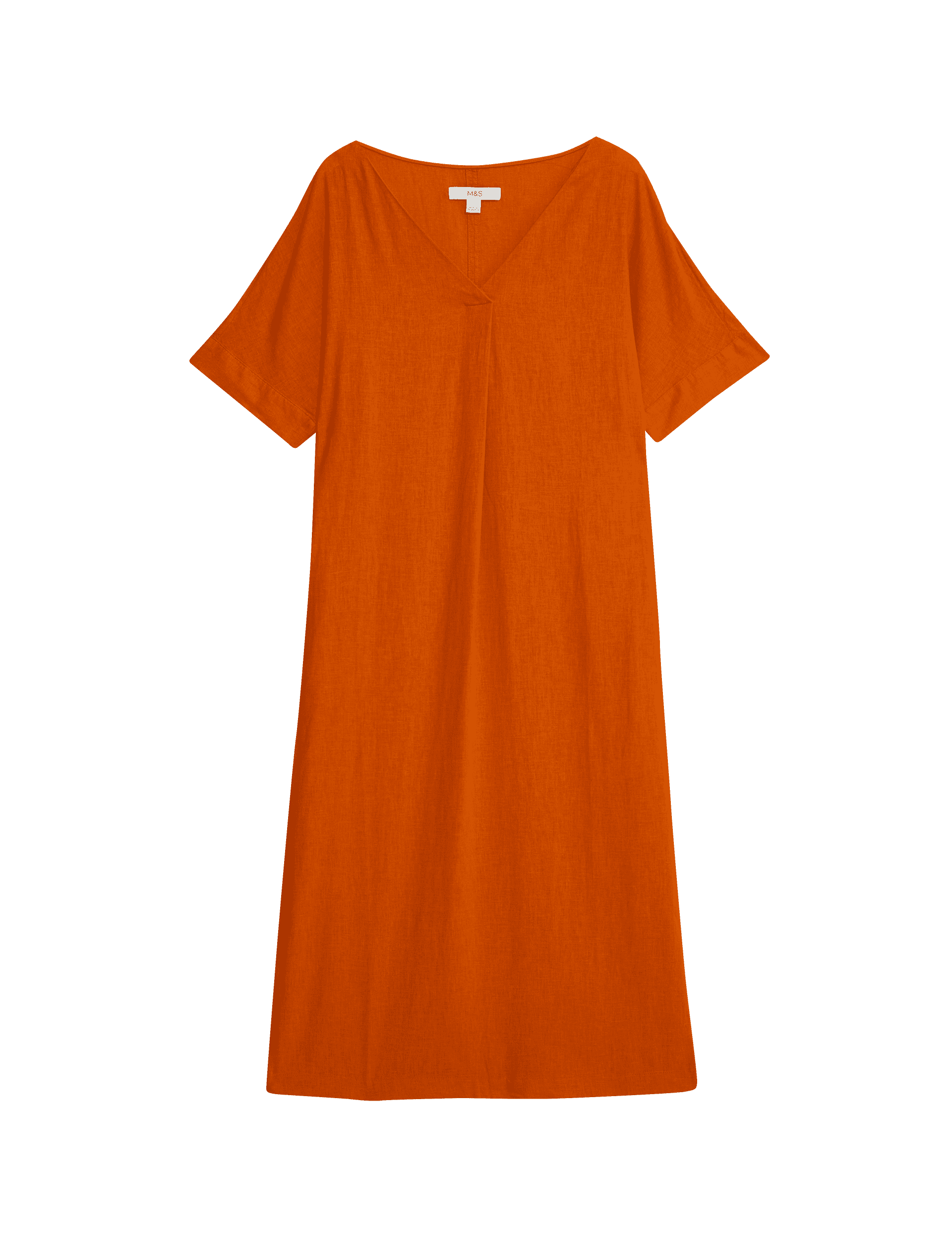 M&S Collection Women's Linen Rich V-Neck Popover Midi Dress - 14REG - Marmalade, Marmalade