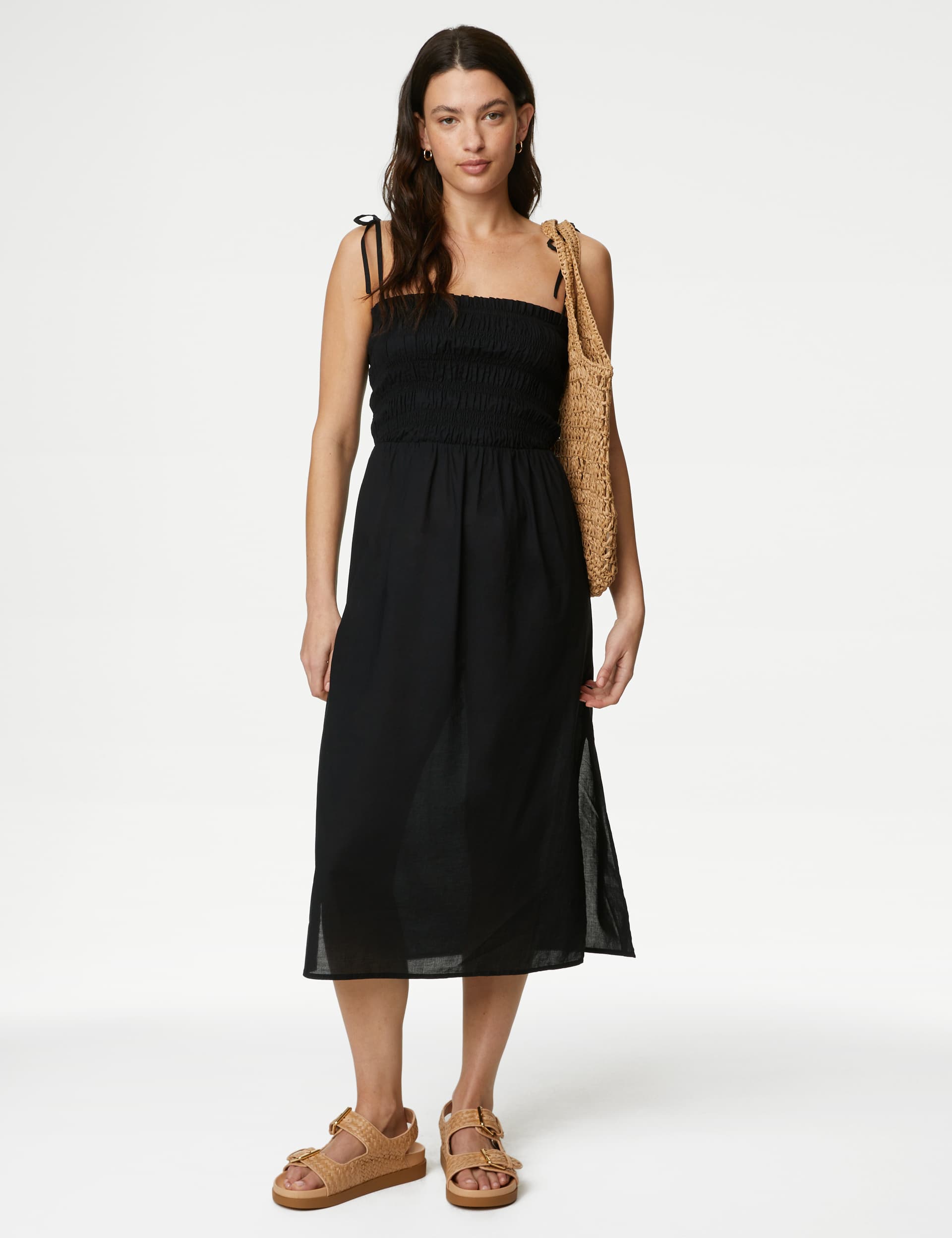 M&S Women's Pure Cotton Shirred Midi Beach Dress