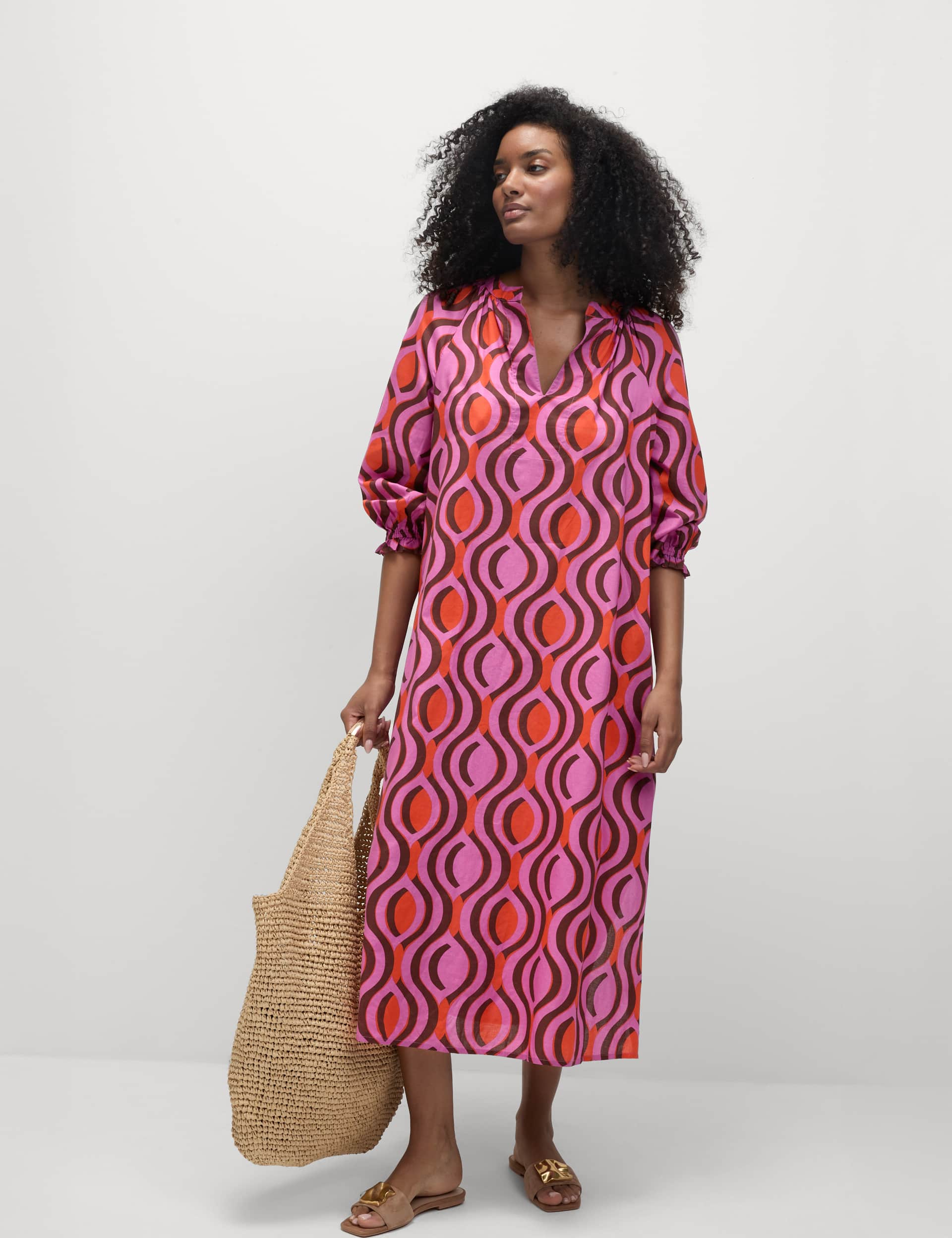 M&S Women's Pure Cotton V-Neck Midaxi Kaftan Beach Dress - Fuchsia Mix, Fuchsia Mix