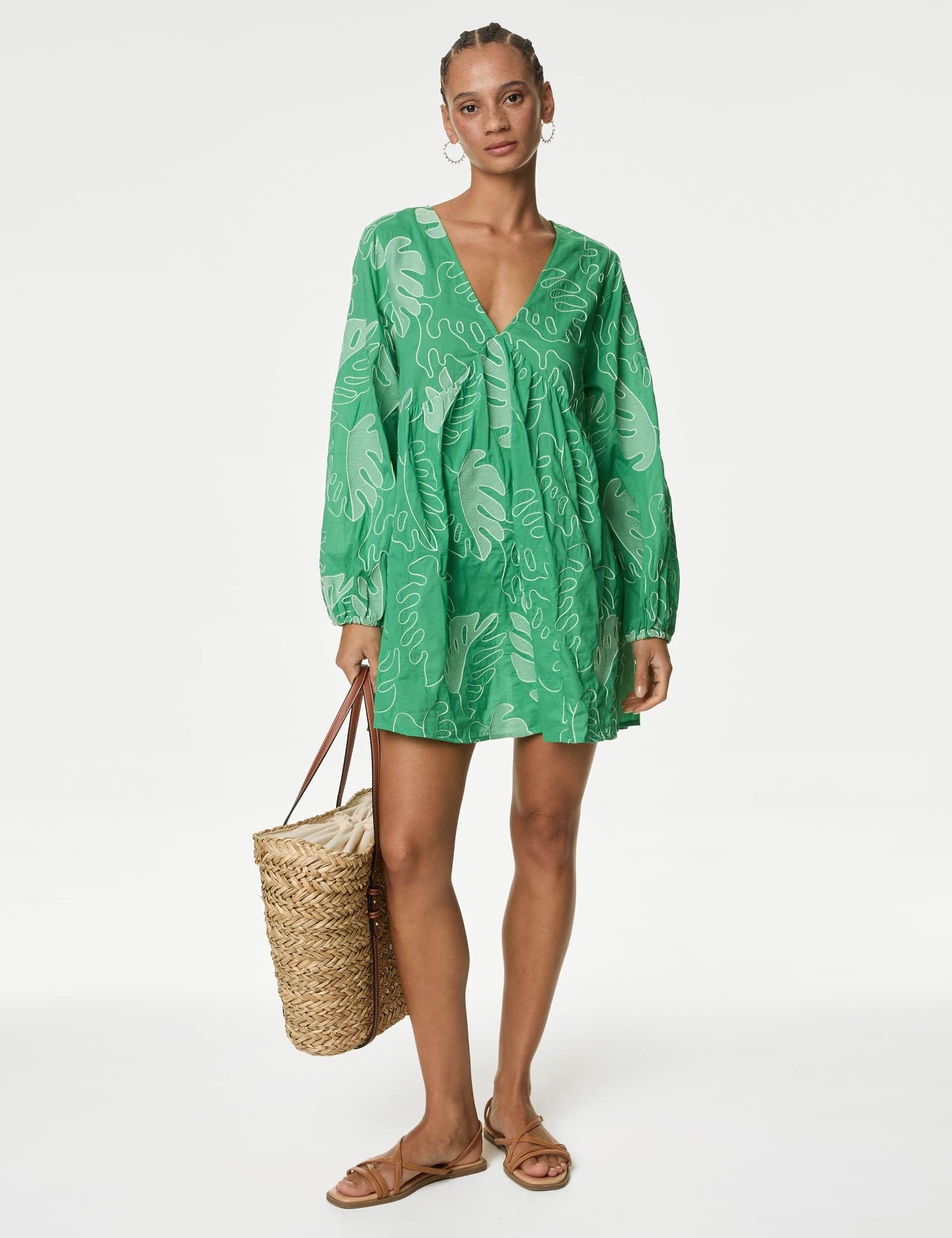 M&S Women's Pure Cotton Embroidered V-Neck Mini Beach Dress - Medium Green, Medium Green