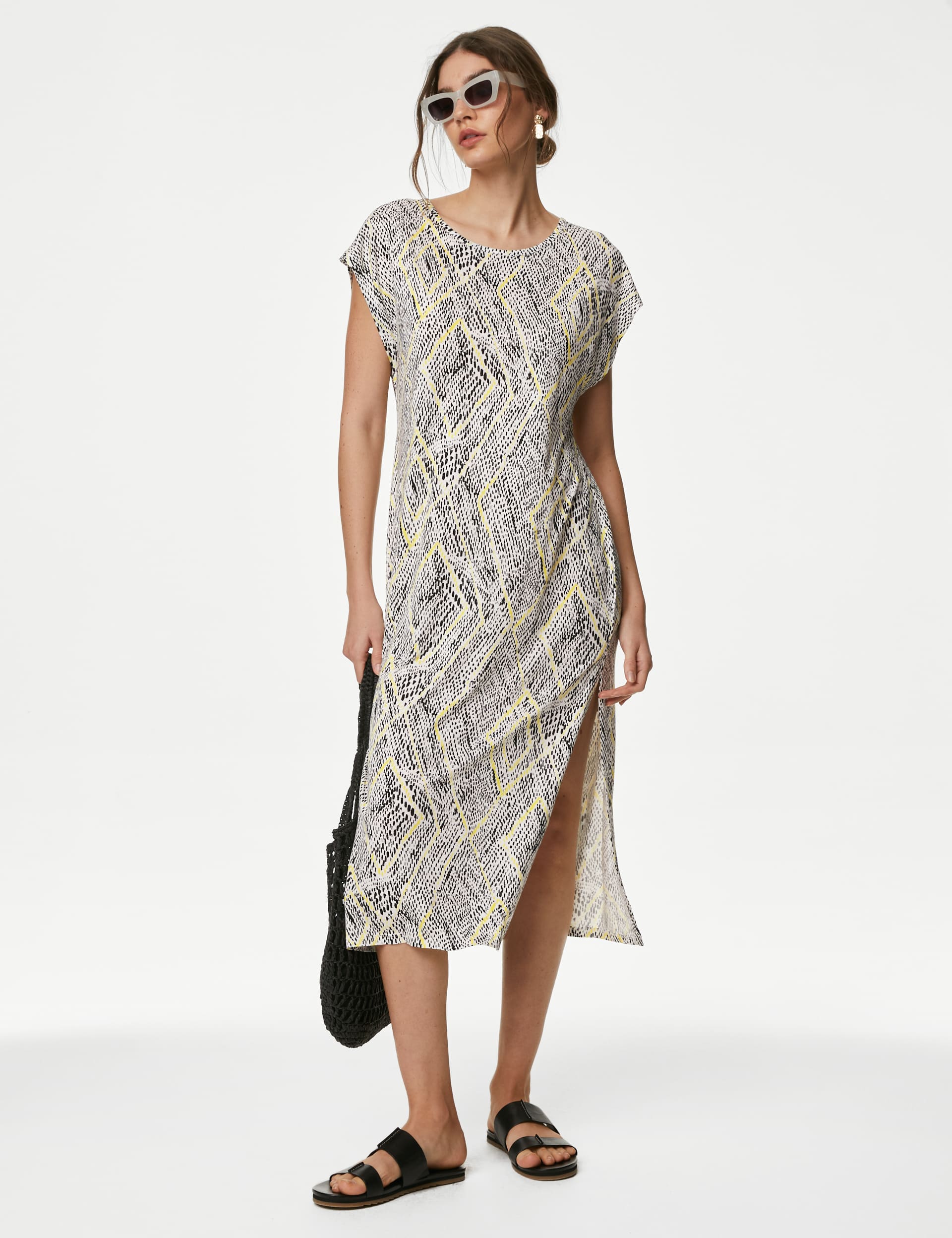 M&S Women's Jersey Printed Midi Relaxed Shift Dress