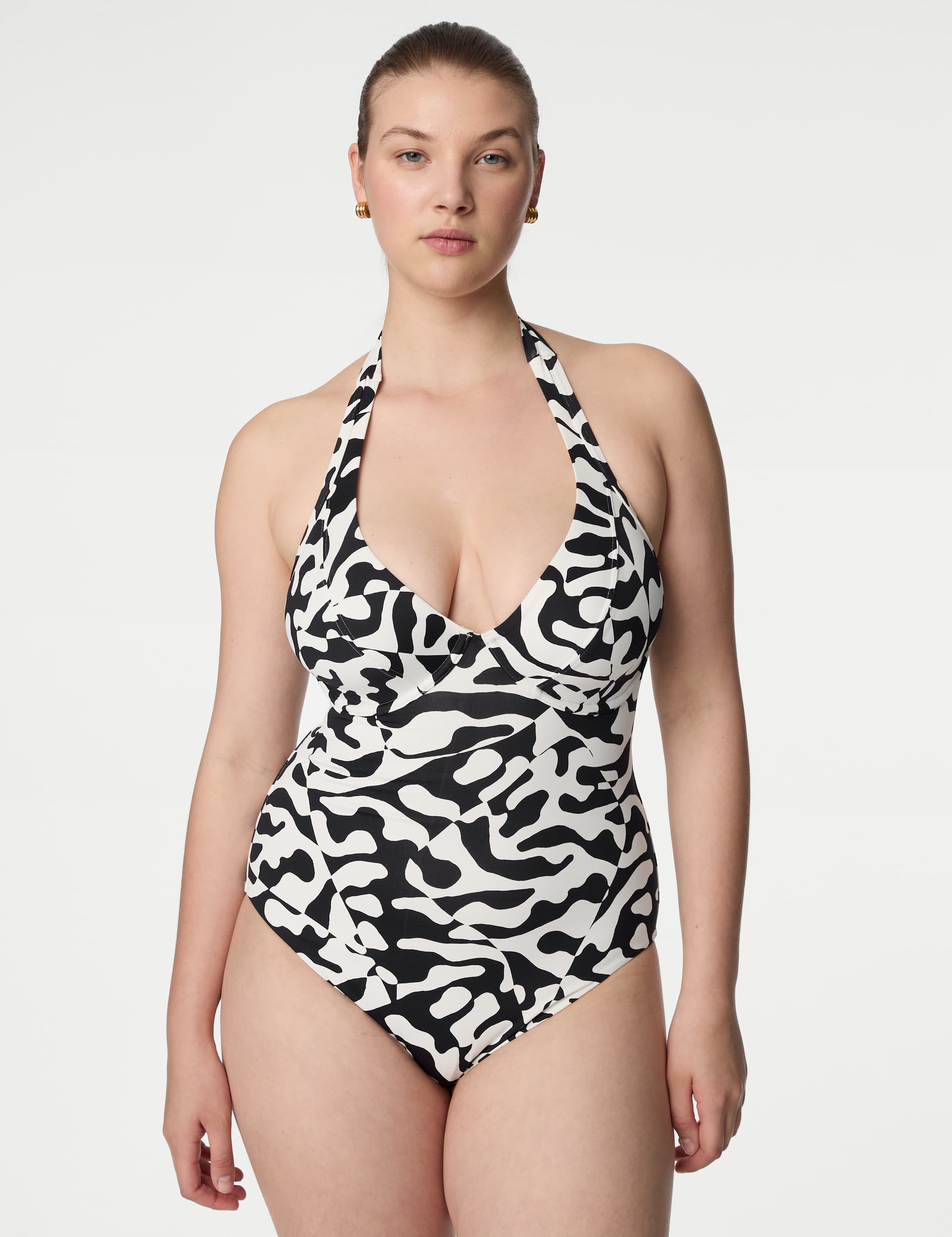 M&S Women's Tummy Control Printed Wired Plunge Swimsuit D-GG