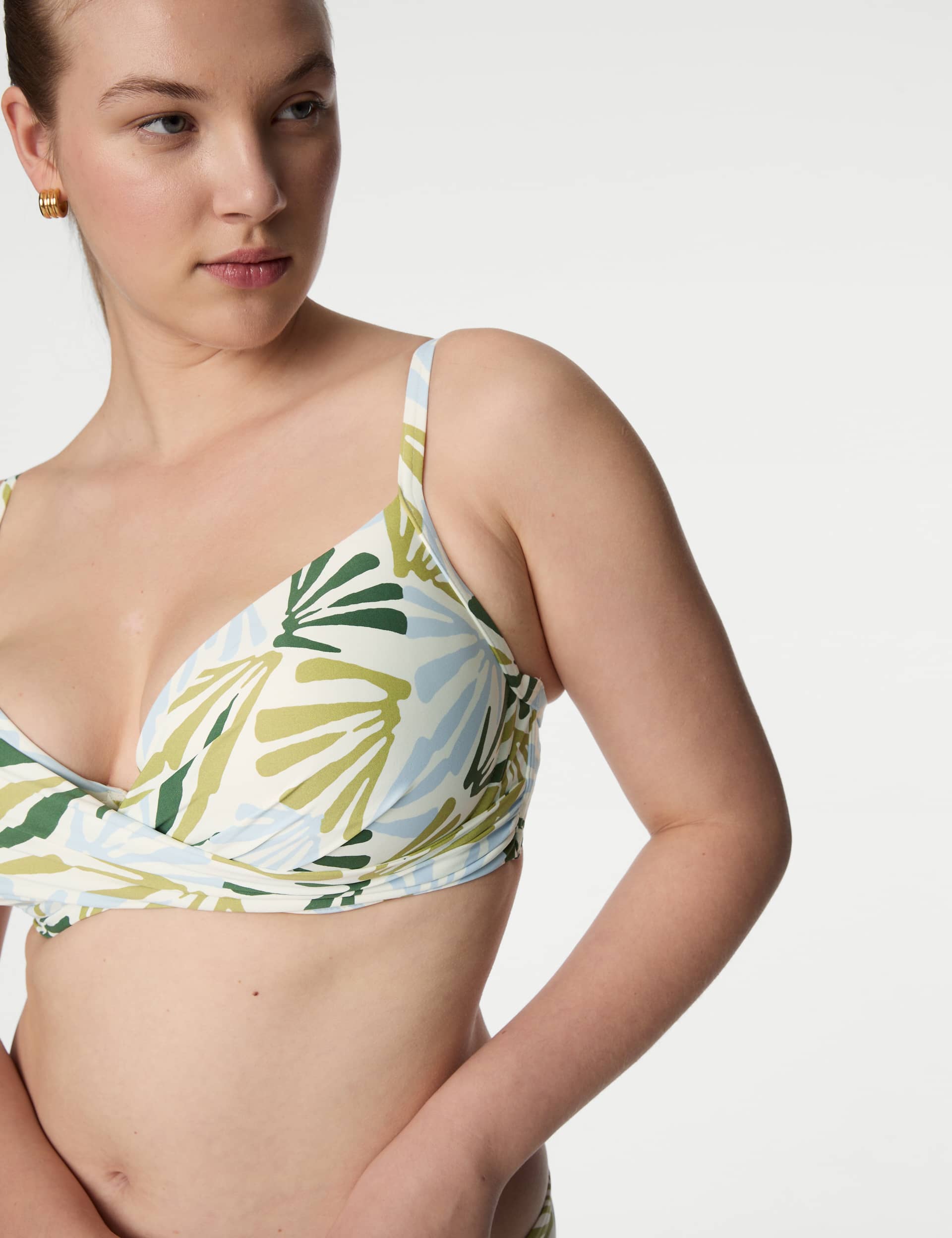 M&S Women's Printed Wired Padded Plunge Bikini Top - 36DD - Green Mix, Green Mix