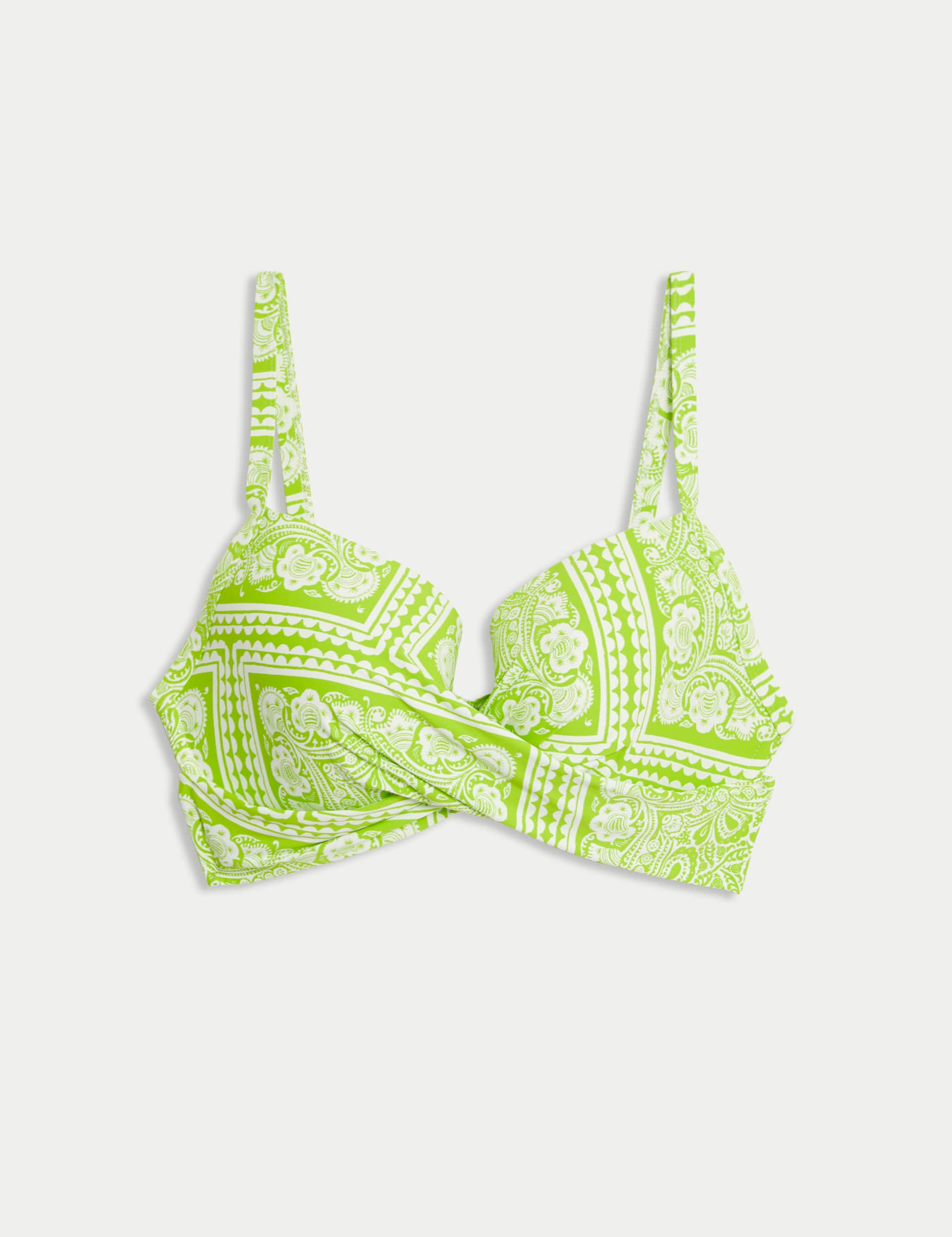 M&S Women's Printed Wired Padded Plunge Bikini Top - 34E - Lime Mix, Lime Mix