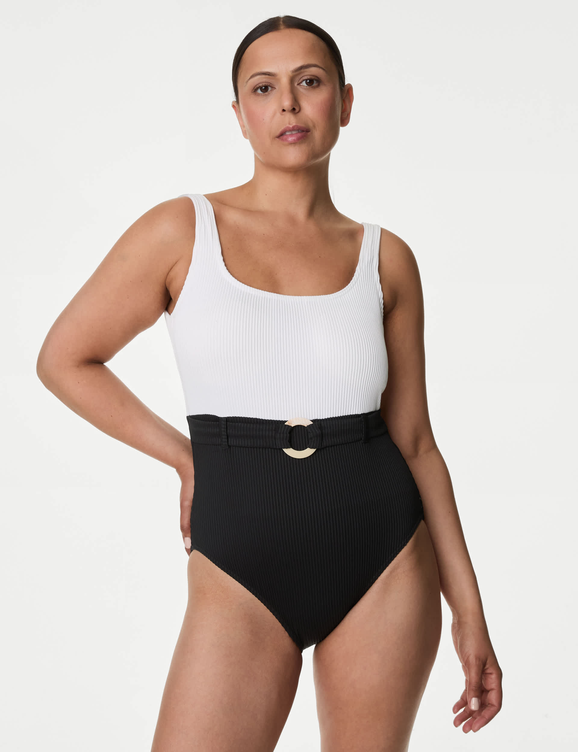 M&S Women's Post Surgery Tummy Control Belted Swimsuit - 16 - Black Mix, Black Mix