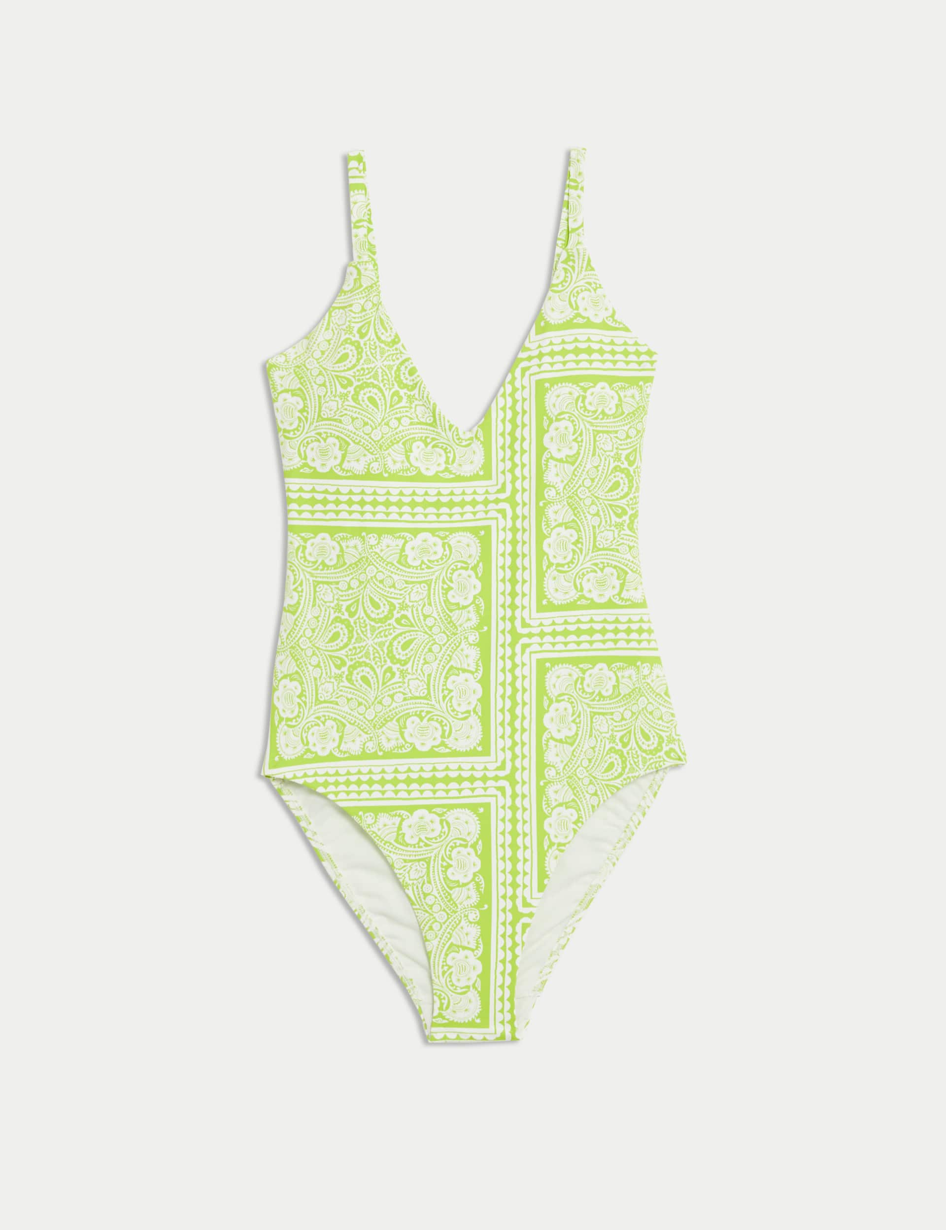 M&S Women's Tummy Control Palm Print Plunge Swimsuit - 12 - Lime Mix, Lime Mix