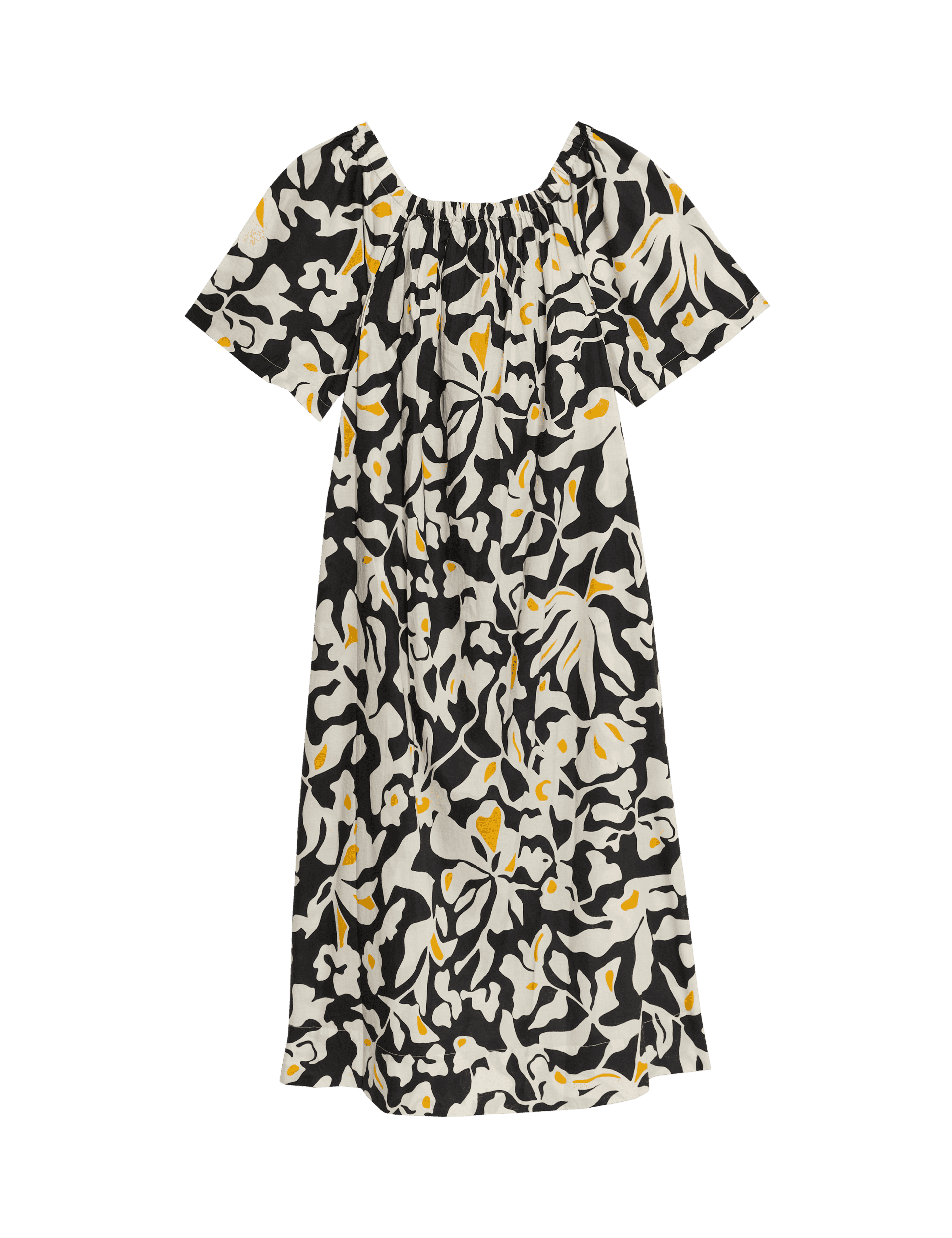 M&S Collection Women's Pure Cotton Printed Bardot Midaxi Dress - 12REG - Saffron Mix, Saffron Mix