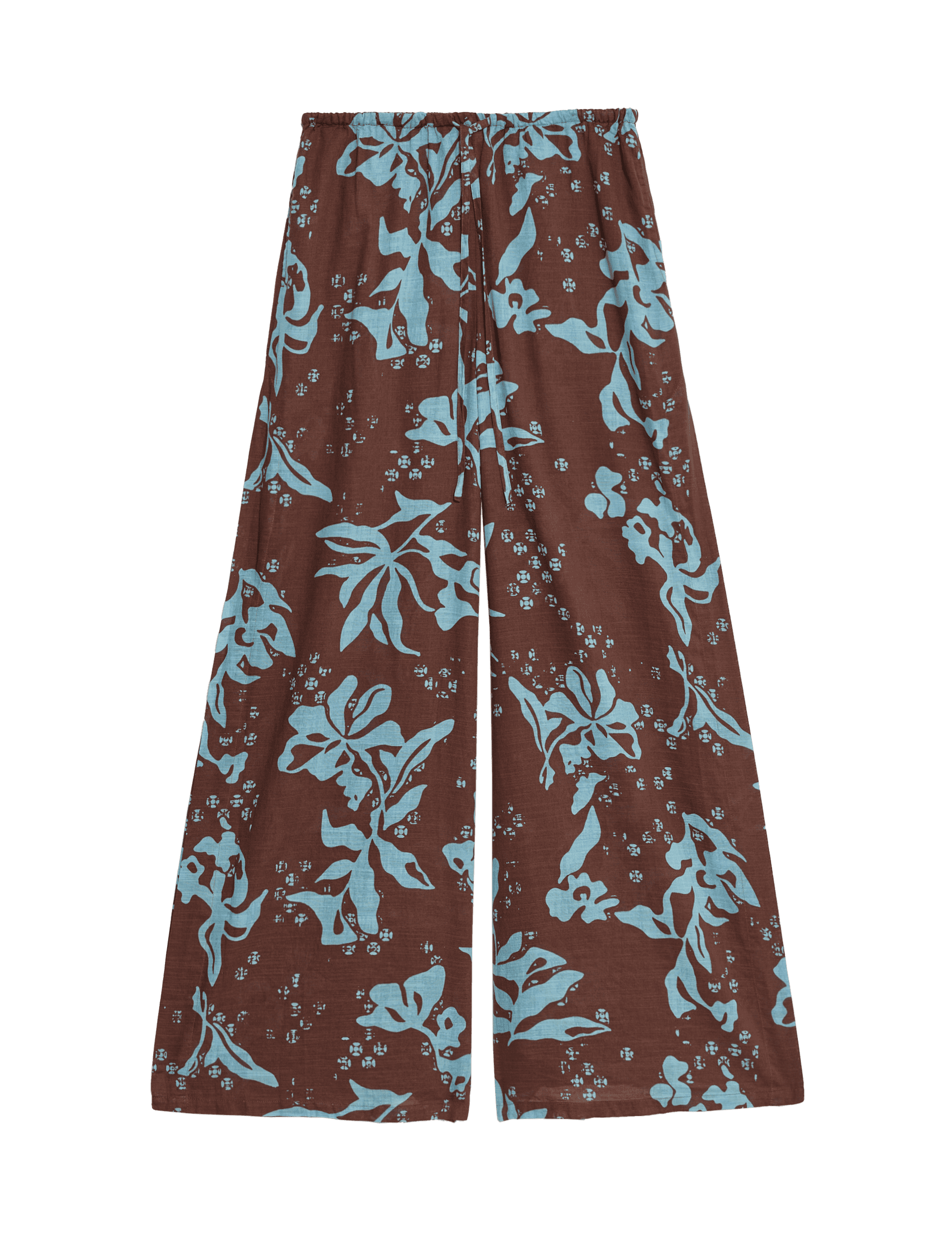 M&S Collection Women's Pure Cotton Floral Elasticated Waist Wide Leg Trousers - 12REG - Brown Mix, B