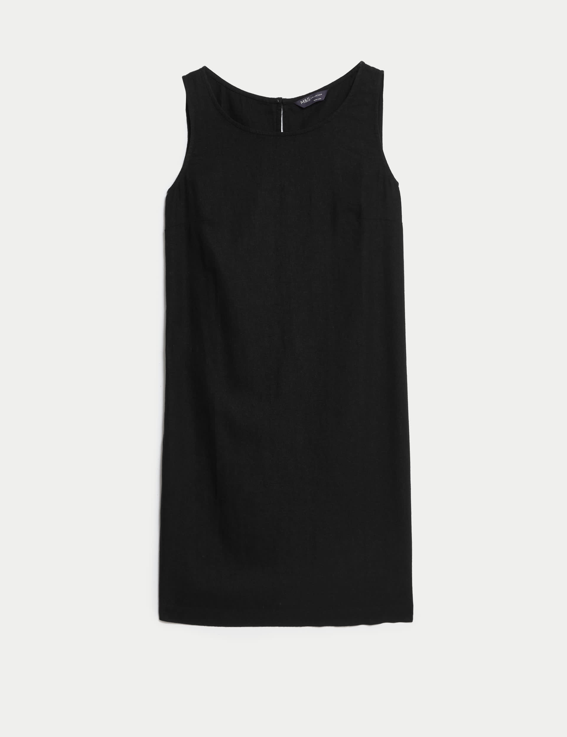 M&S Women's Linen Rich Knee Length Shift Dress - 12REG - Black, Black