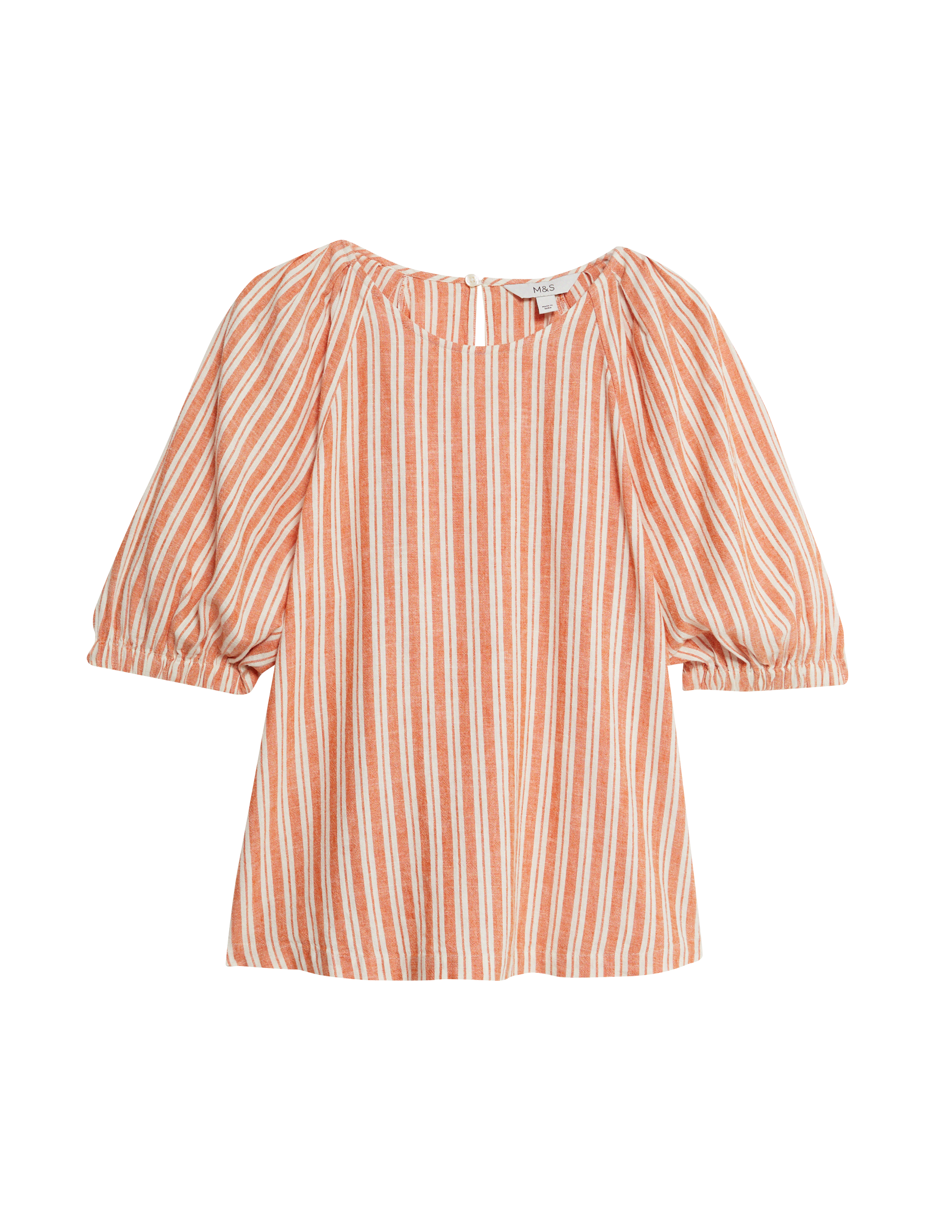 M&S Collection Women's Linen Rich Striped Puff Sleeve Blouse - 12 - Marmalade, Marmalade