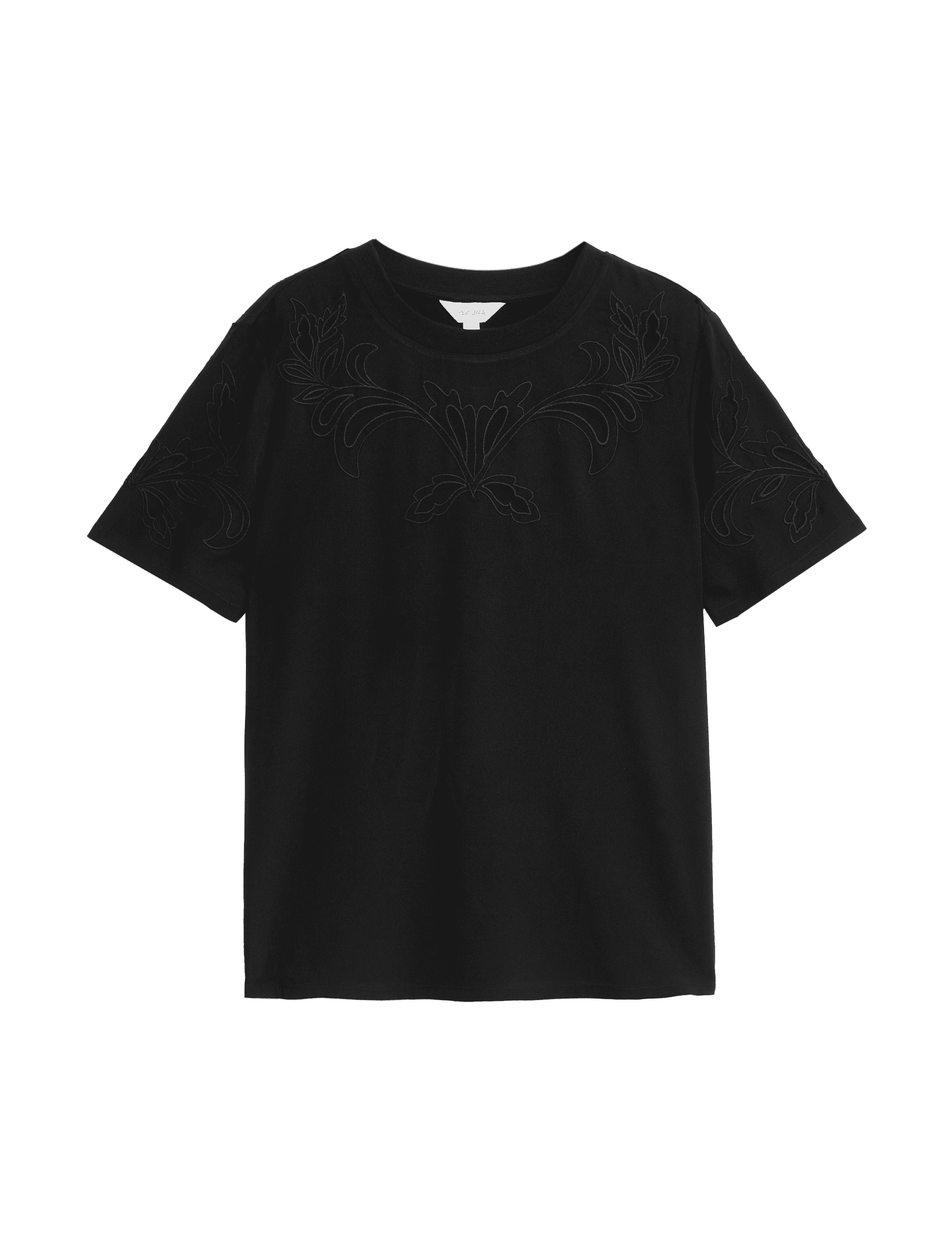 Per Una Women's Cotton Rich Embroidered Crew Neck T-Shirt - 14 - Black, Black