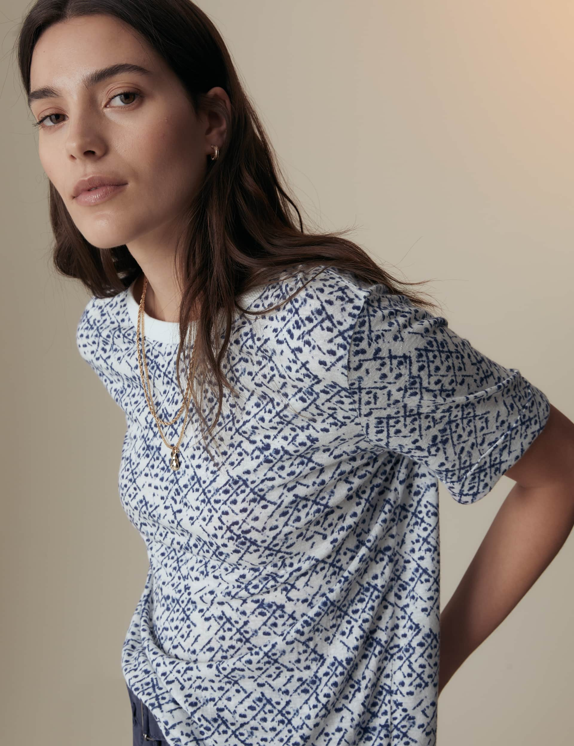 Per Una Women's Linen Blend Printed T-Shirt - 14 - Blue Mix, Blue Mix,Cream Mix