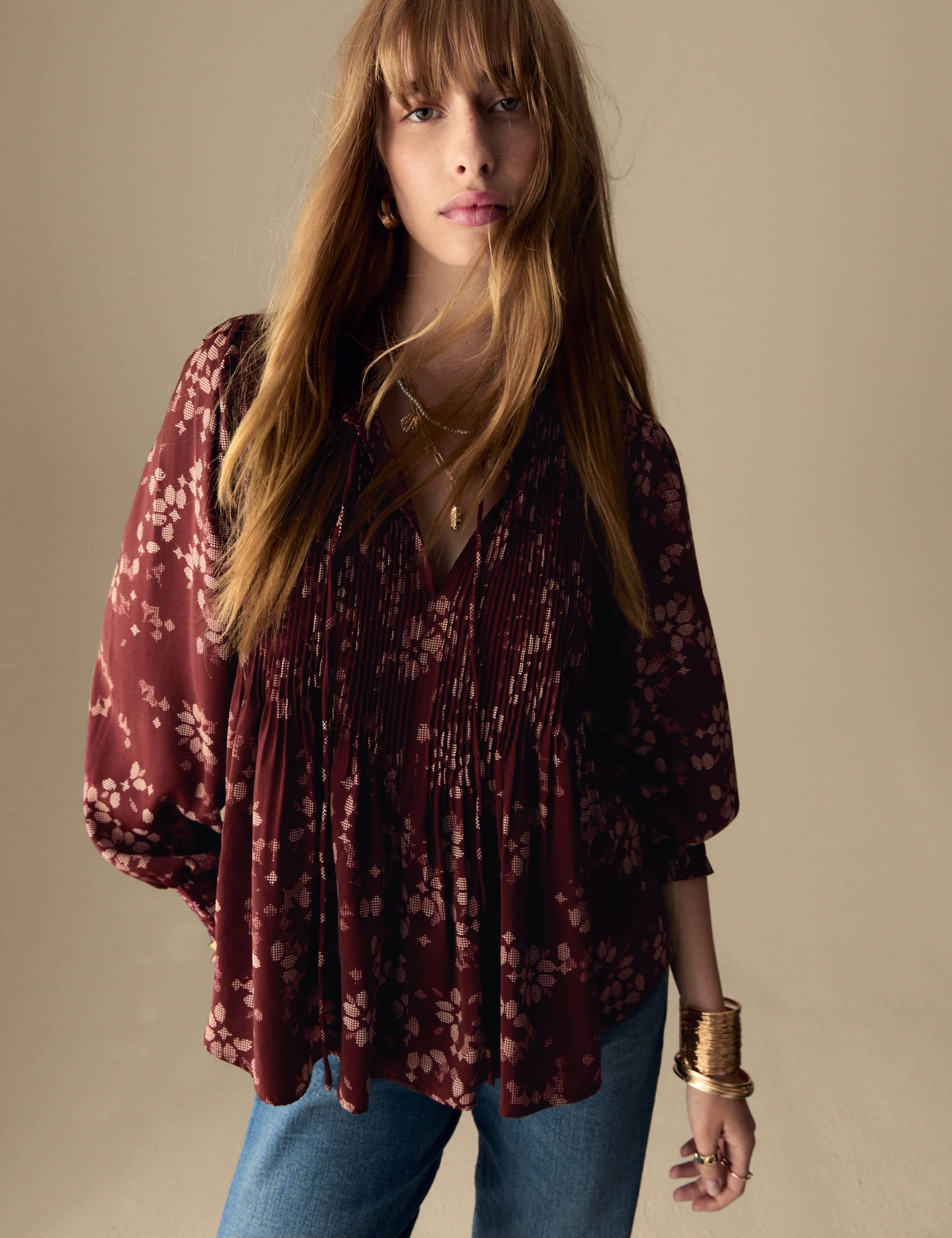 Per Una Women's Satin Printed Pleated Tie Neck Blouse