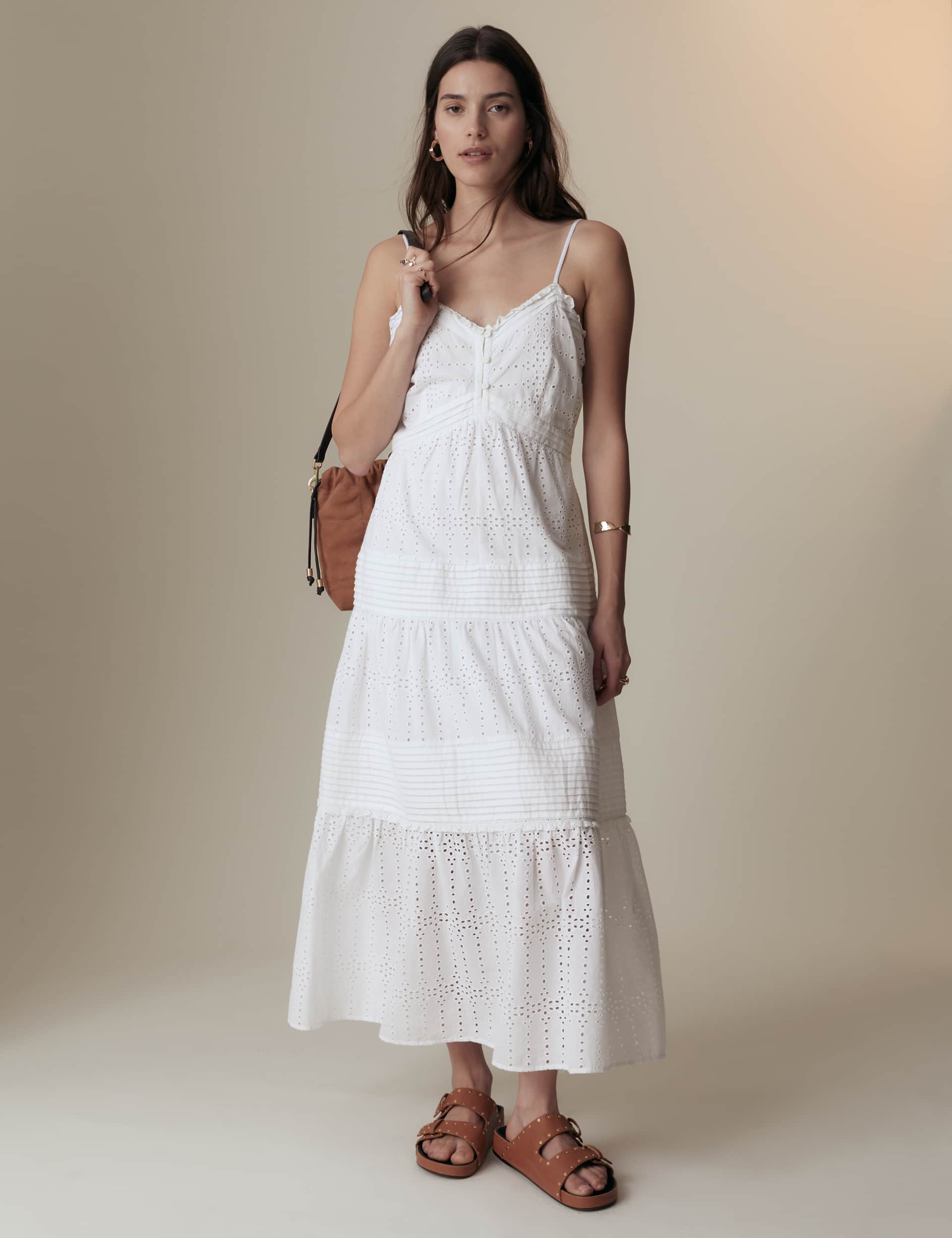 Per Una Women's Pure Cotton Broderie Strappy Midaxi Tiered Dress - 20REG - Soft White, Soft White