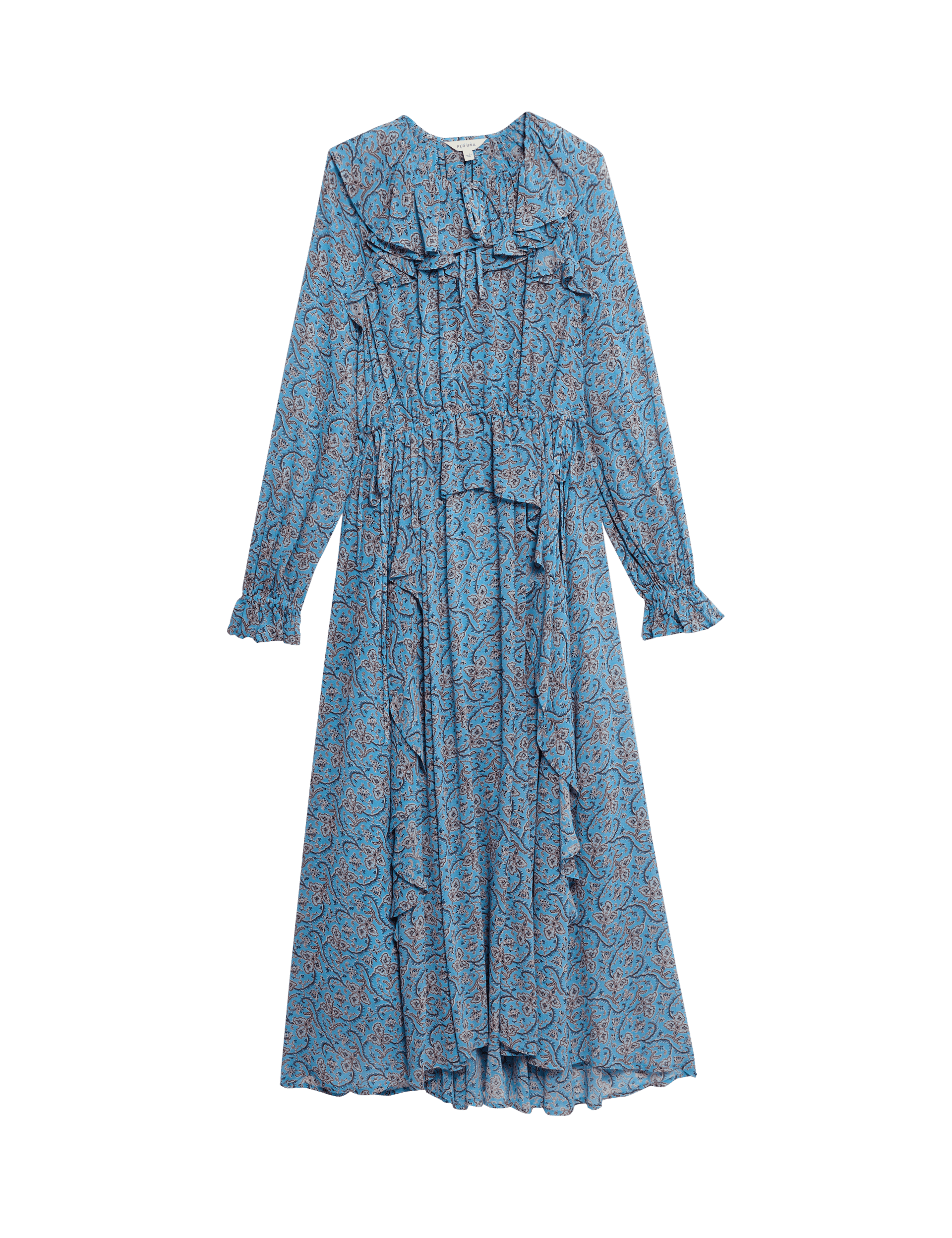 Per Una Women's Printed Tie Neck Ruffle Midaxi Waisted Dress - 14REG - Blue Mix, Blue Mix