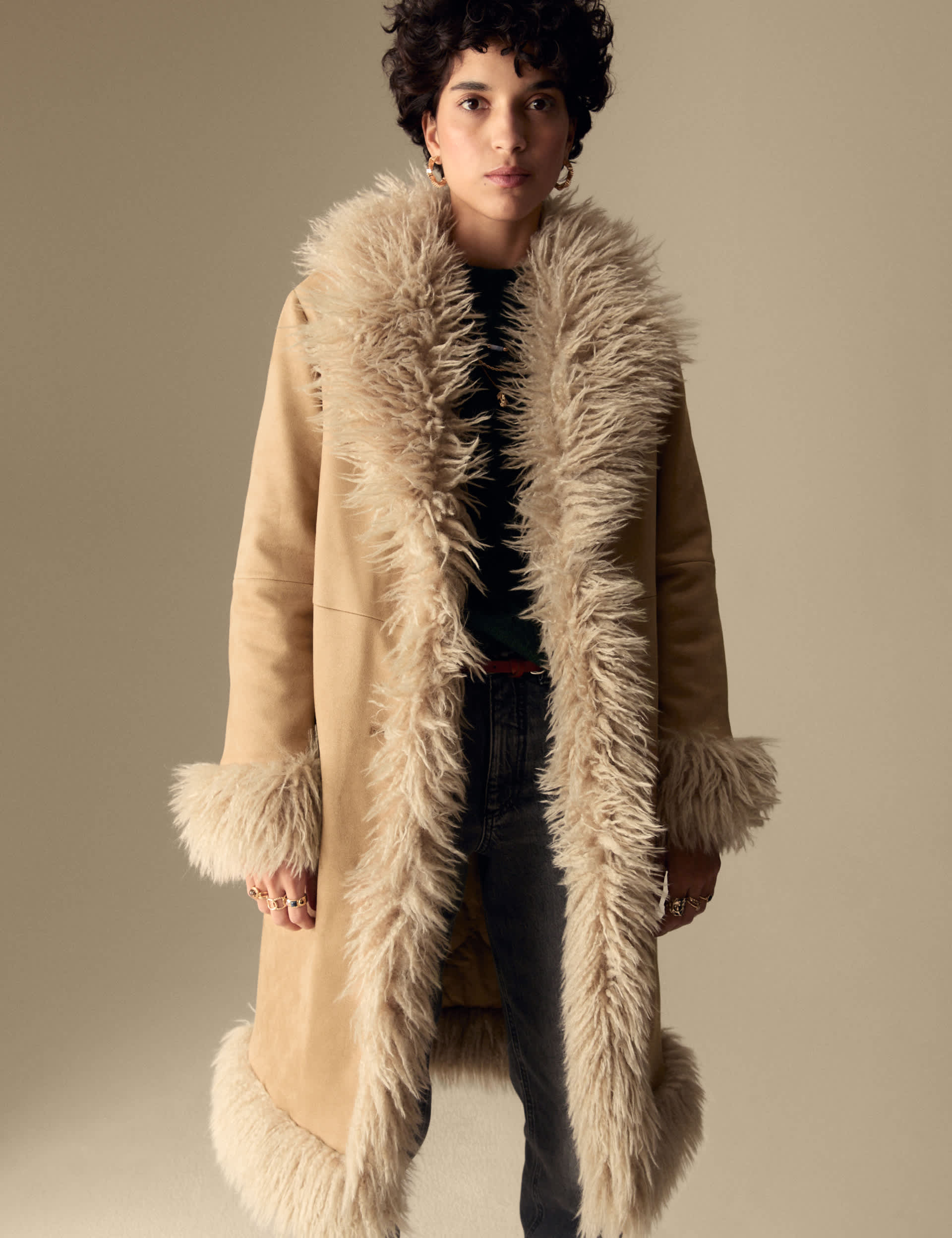 Per Una Women's Suedette Faux Fur Trim Longline Coat - 14 - Natural Mix, Natural Mix