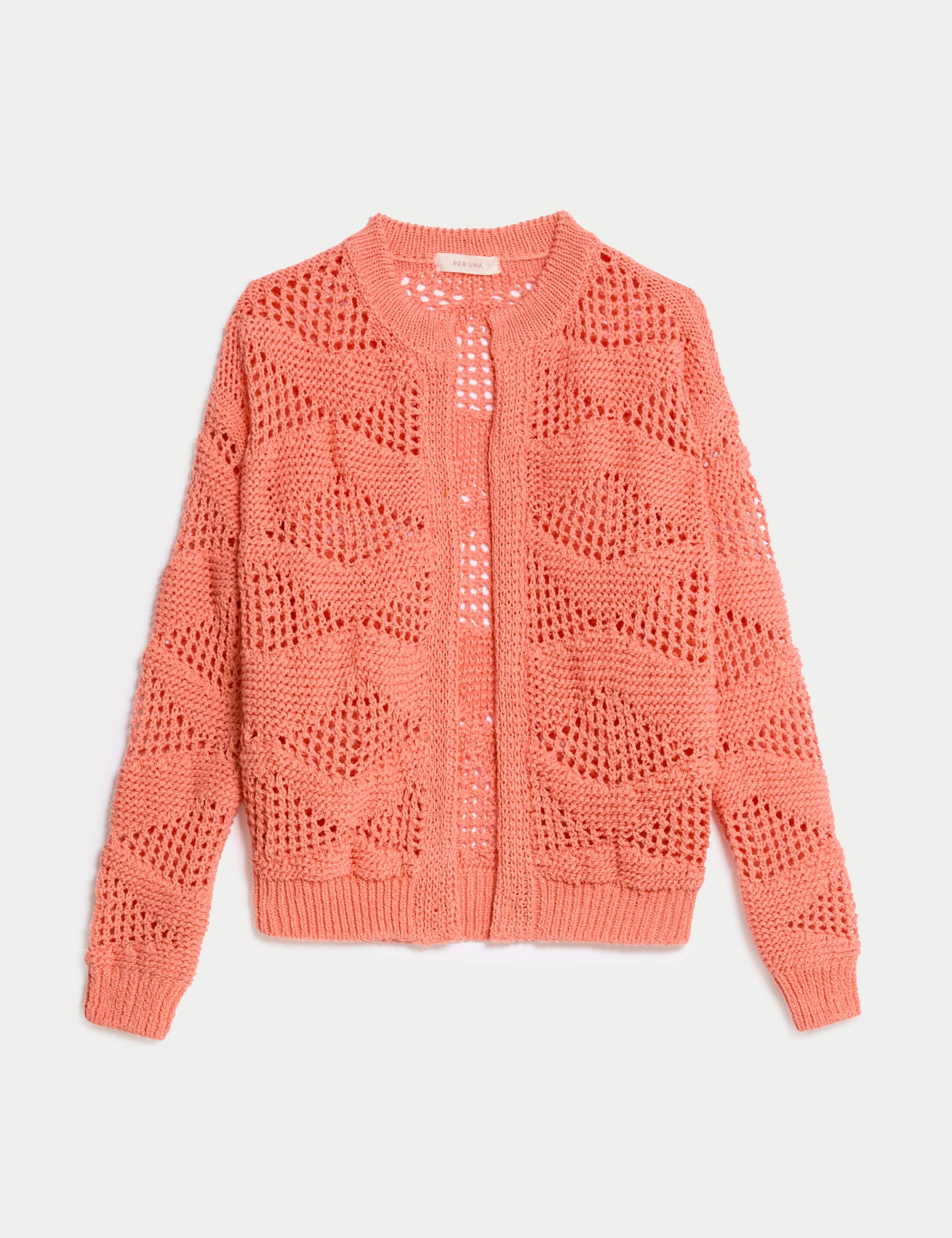 Per Una Women's Cotton Rich Textured Edge to Edge Cardigan - 12 - Bright Coral, Bright Coral,Ecru