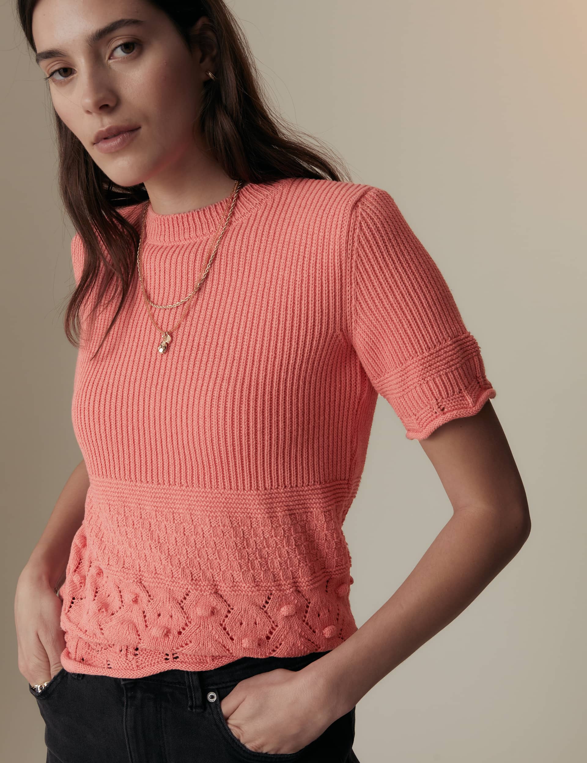 Per Una Women's Cotton Blend Pointelle Knitted Top - 14 - Bright Coral, Bright Coral