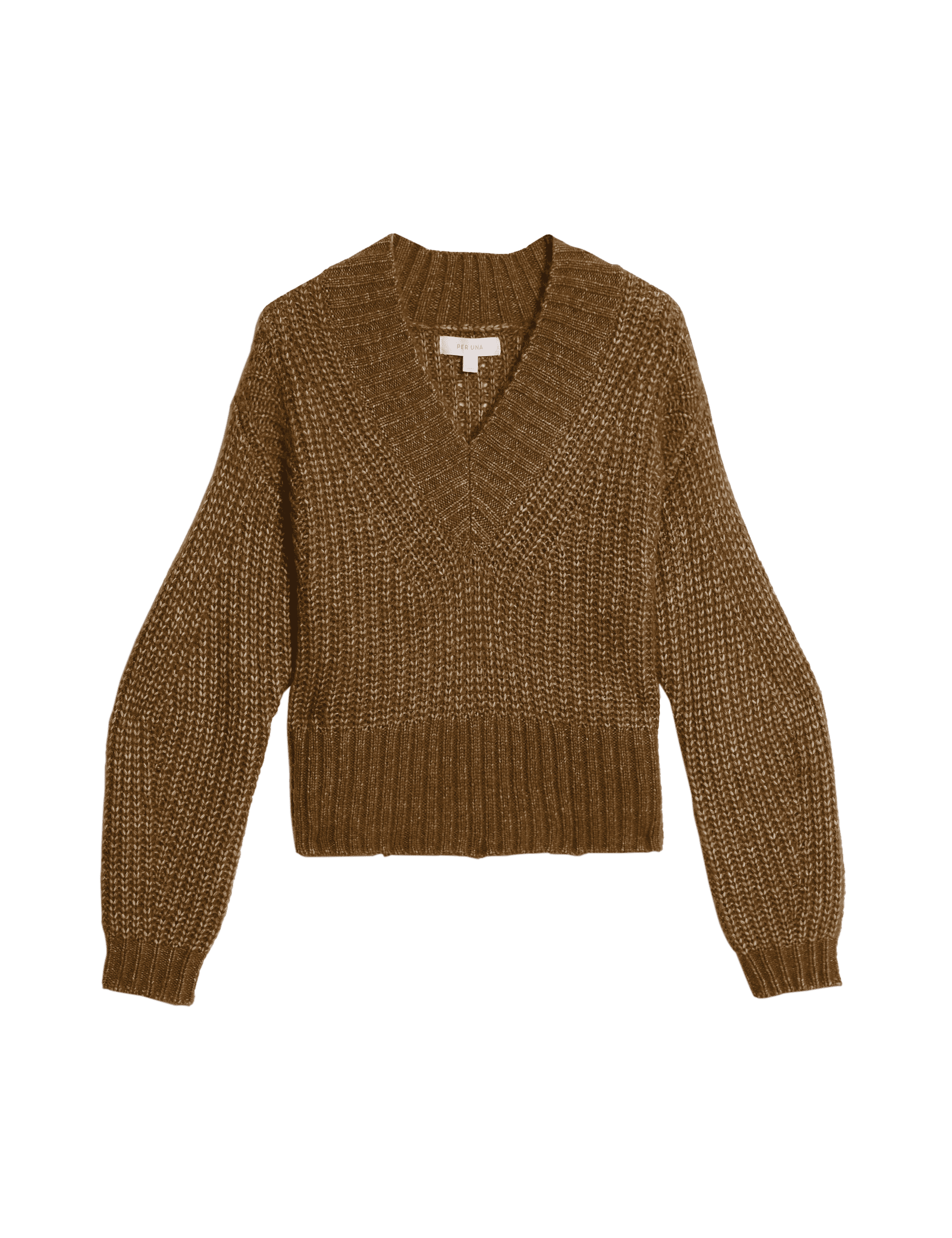 Per Una Women's Ribbed V-Neck Puff Sleeve Jumper with Wool - Copper Tan, Acid Green,Copper Tan