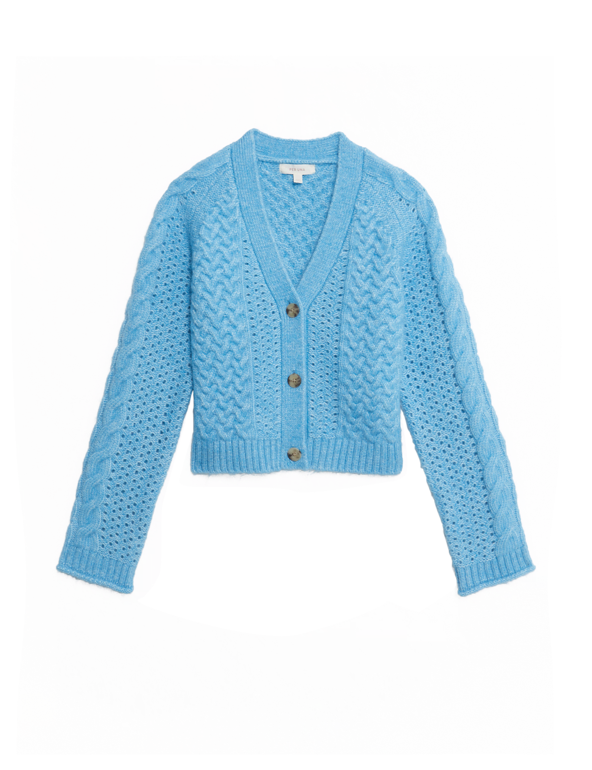 Per Una Women's Pointelle V-Neck Cardigan with Wool - M - Sky Blue, Sky Blue,Hazelnut