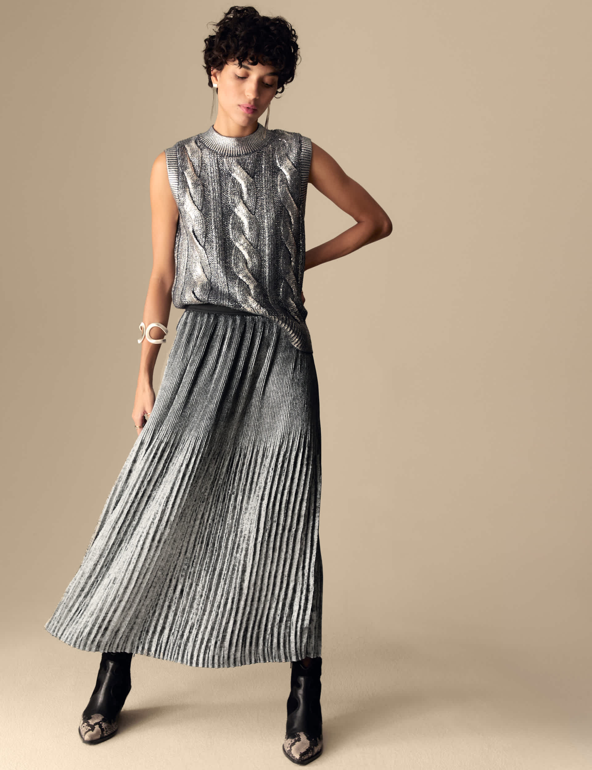 Per Una Women's Metallic Pleated Midaxi Skirt - 16REG - Silver, Silver