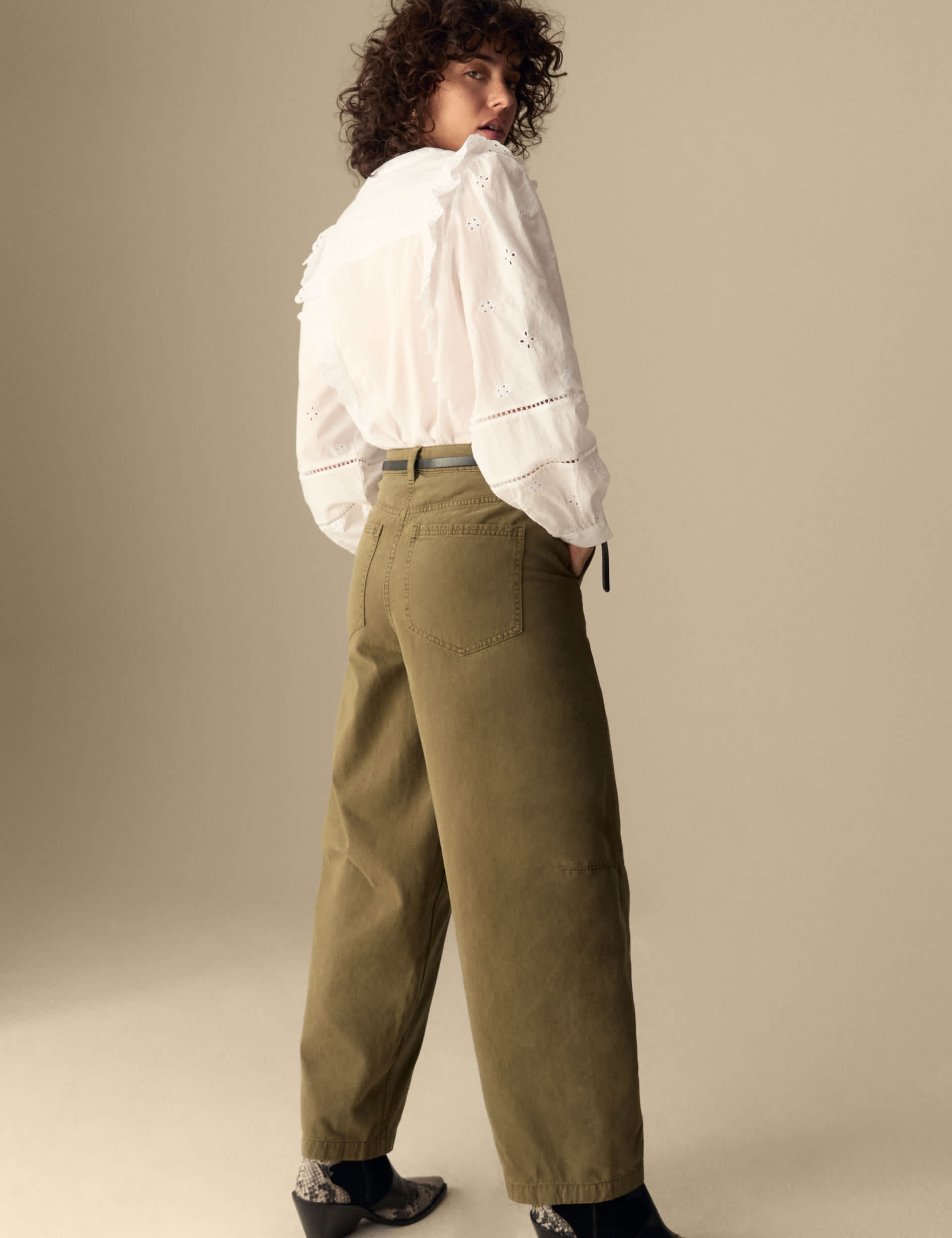 Per Una Women's Pure Cotton Seam Detail Barrel Leg Trousers - 10LNG - Dark Khaki, Dark Khaki