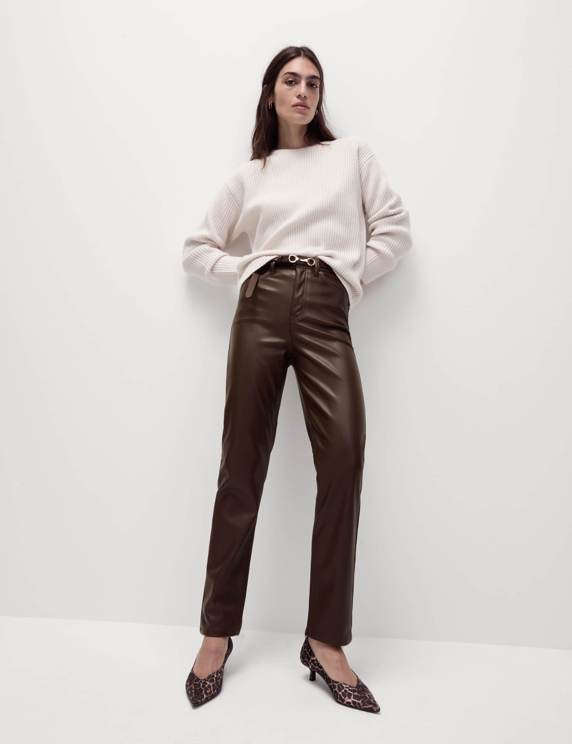 M&S Women's Faux Leather Straight Leg Trousers - 18REG - Dark Chocolate, Black,Dark Chocolate