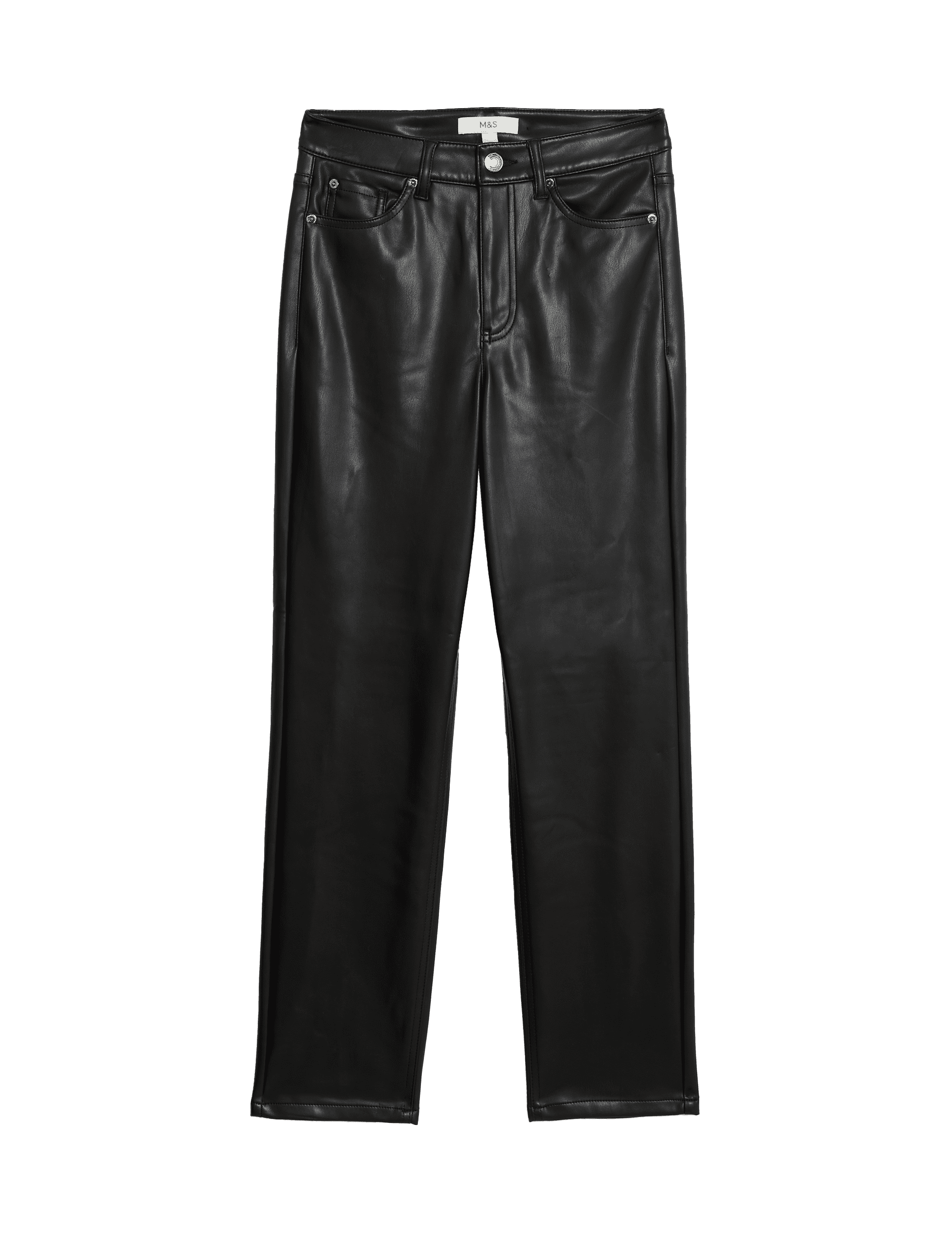 M&S Collection Women's Faux Leather Straight Leg Trousers - 18SHT - Black, Black,Dark Chocolate