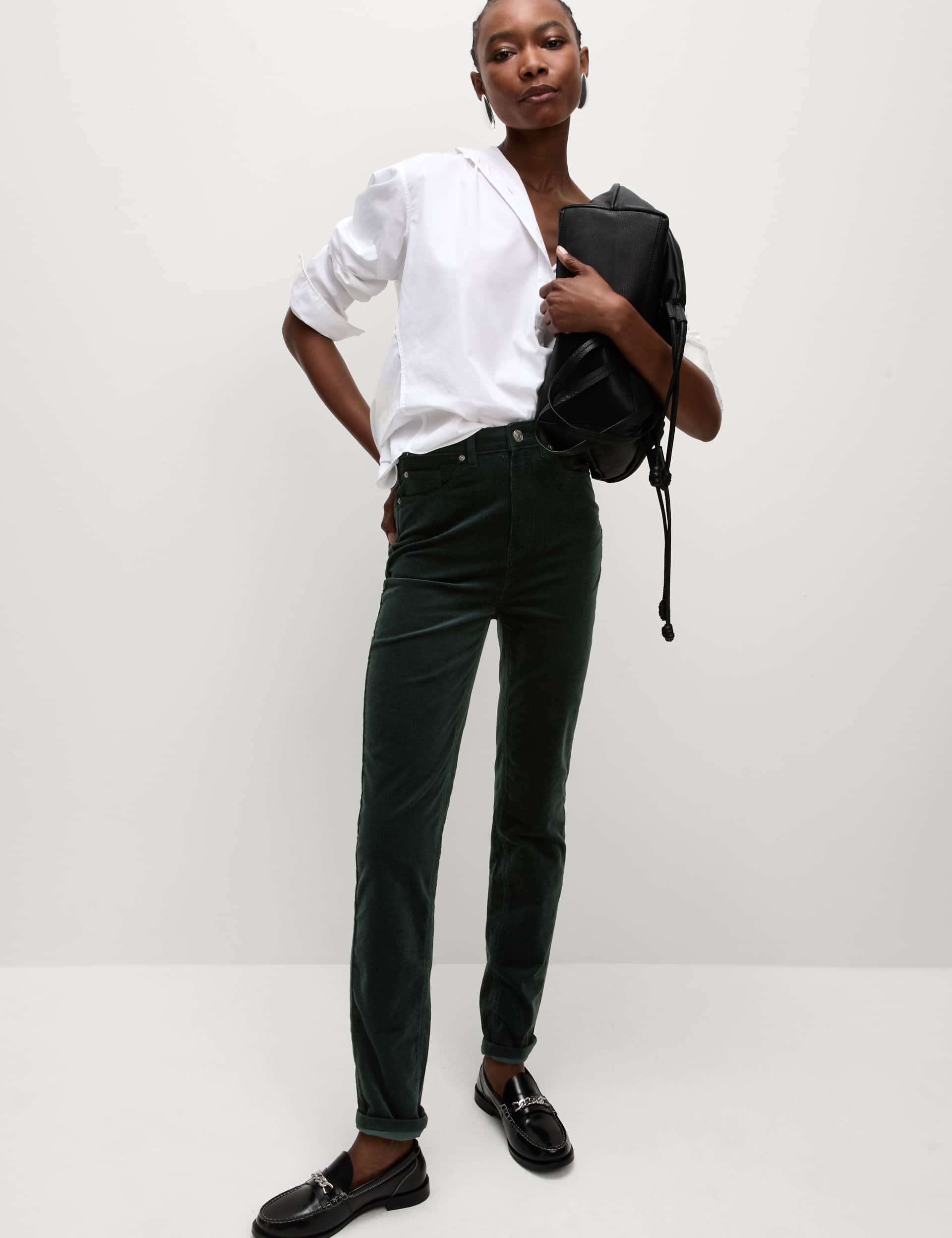 M&S Women's Cord Straight Leg Trousers - 12SHT - Dark Green, Bitter Chocolate,Dark Green,Black,Thund