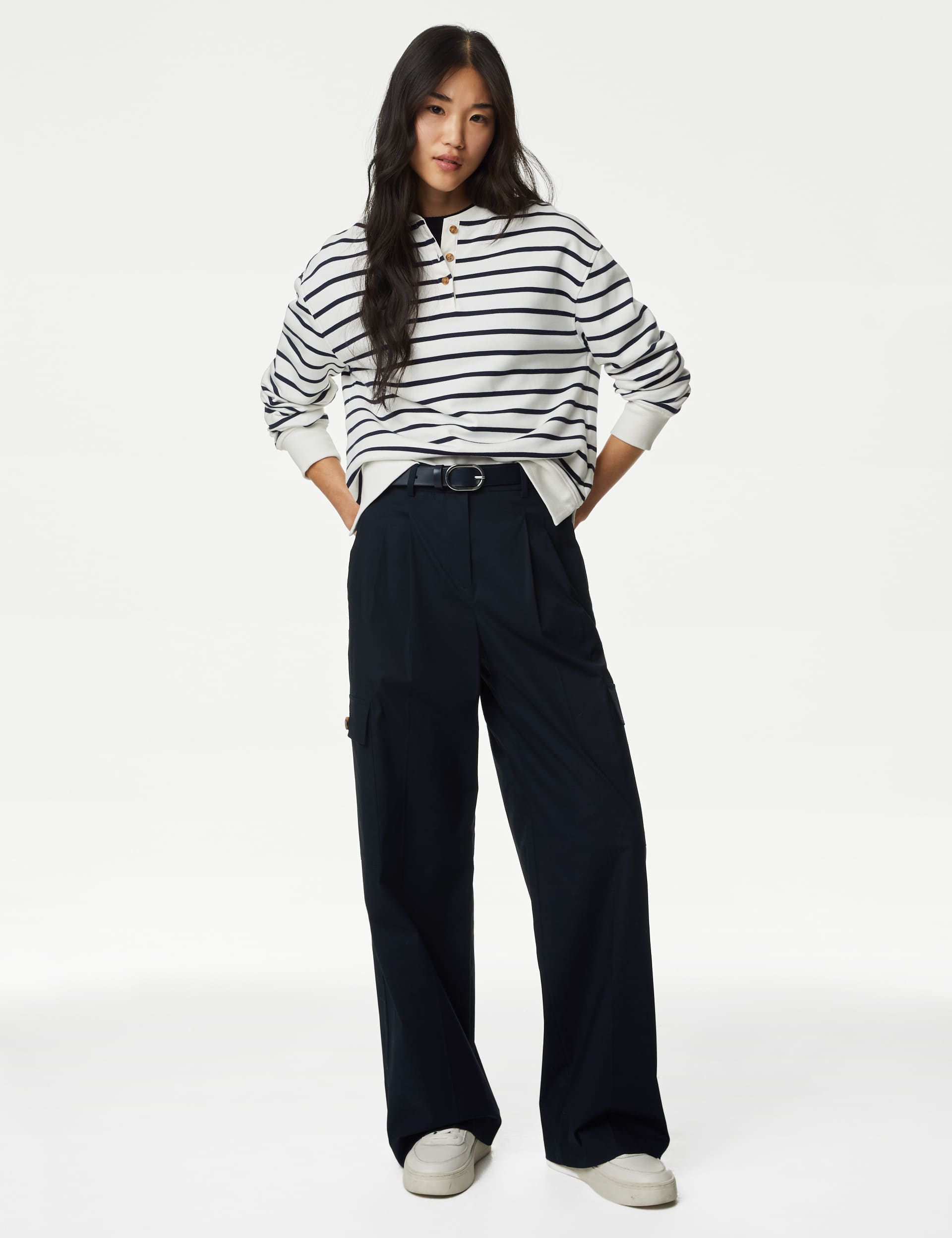 M&S Women's Cotton Rich Cargo High Waisted Trousers - 6LNG - Midnight Navy, Midnight Navy