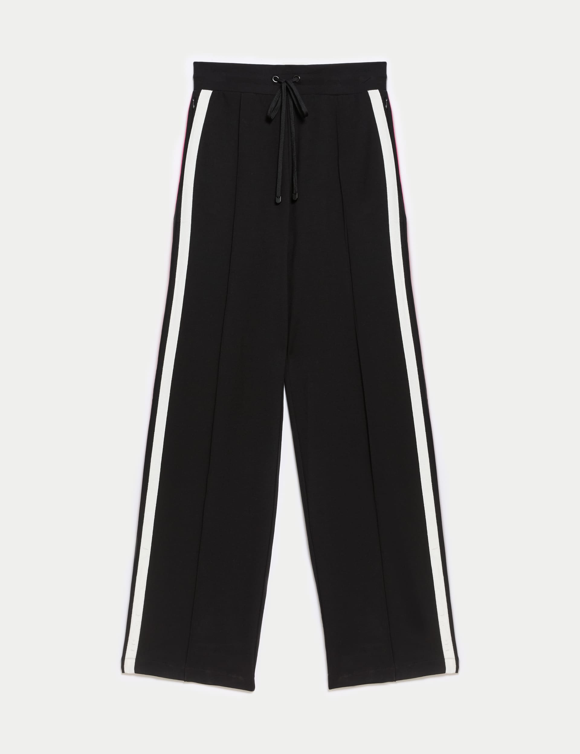 M&S Women's Jersey Side Stripe Wide Leg Trousers - 6REG - Black, Black