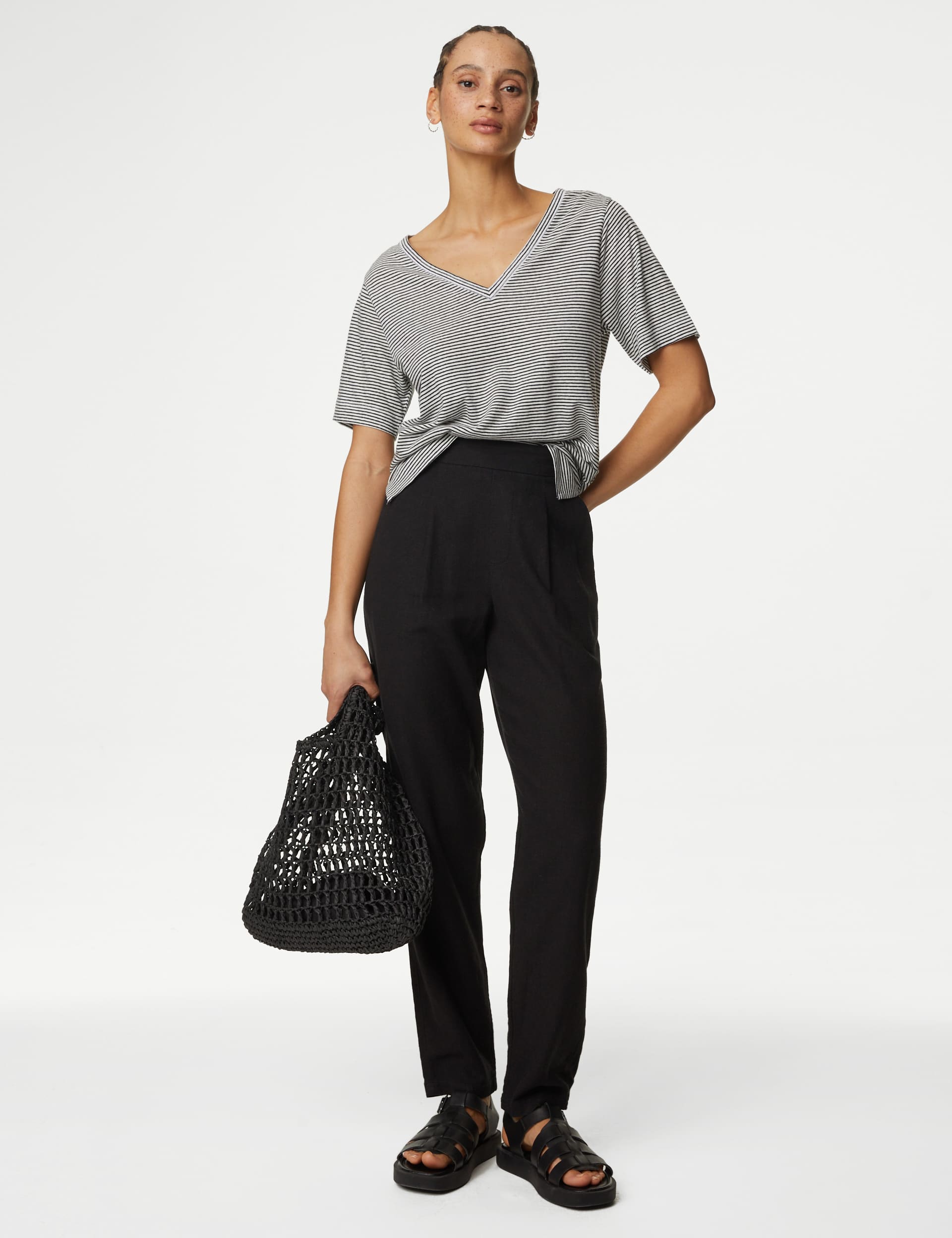 M&S Women's Linen Rich Tapered Trousers