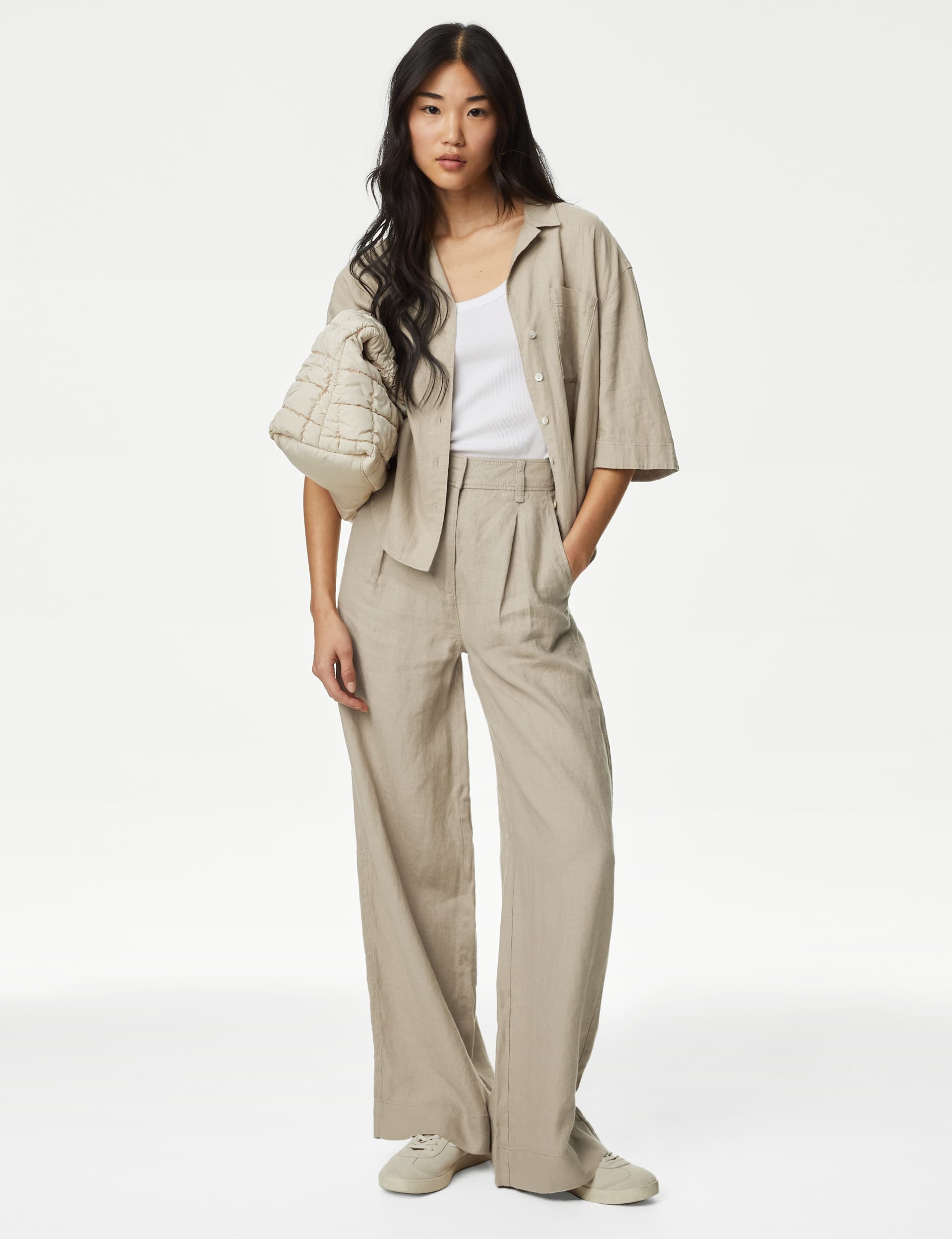 M&S Women's Pure Linen Wide Leg Trousers - 20LNG - Natural Beige, Navy,Soft White,Black,Natural Beig