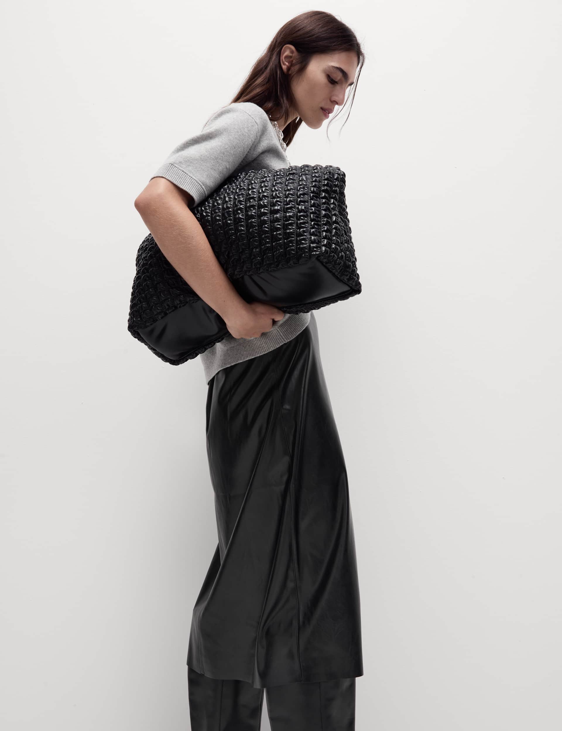 M&S Women's Leather Look Midi A-Line Skirt