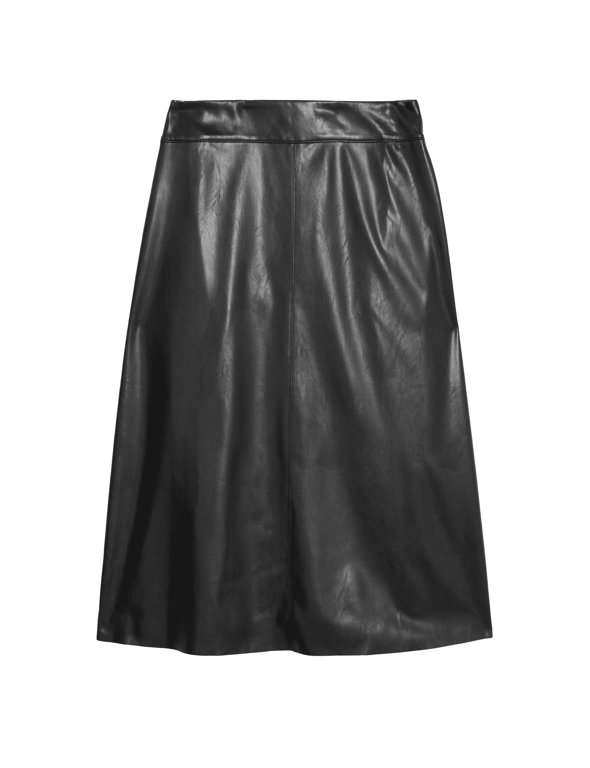 M&S Collection Women's Leather Look Midi A-Line Skirt - 8SHT - Black, Black