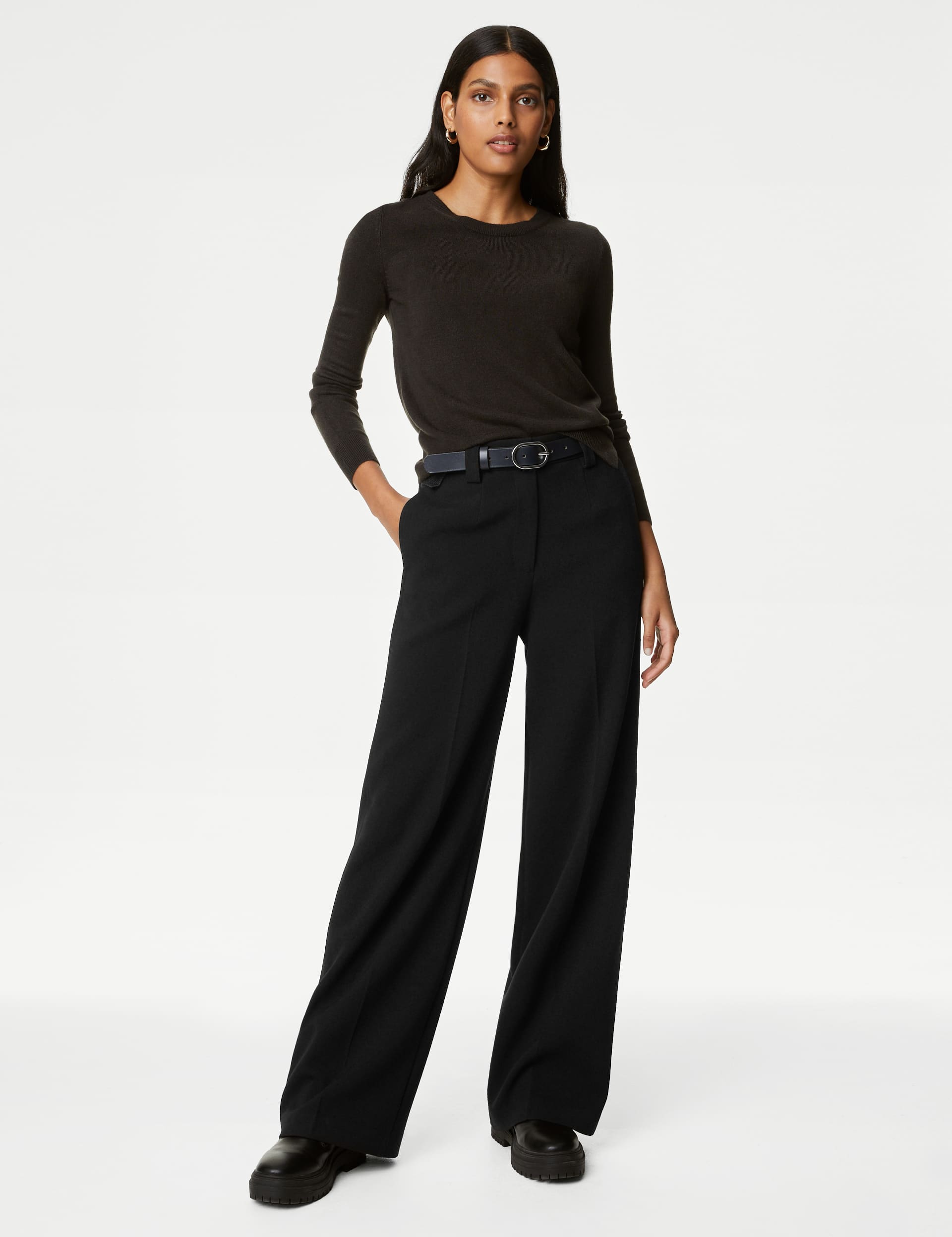 M&S Women's Crepe Tab Detail Wide Leg Trousers - 12REG - Black, Ecru,Black,Bright Orange,Navy,Dark C