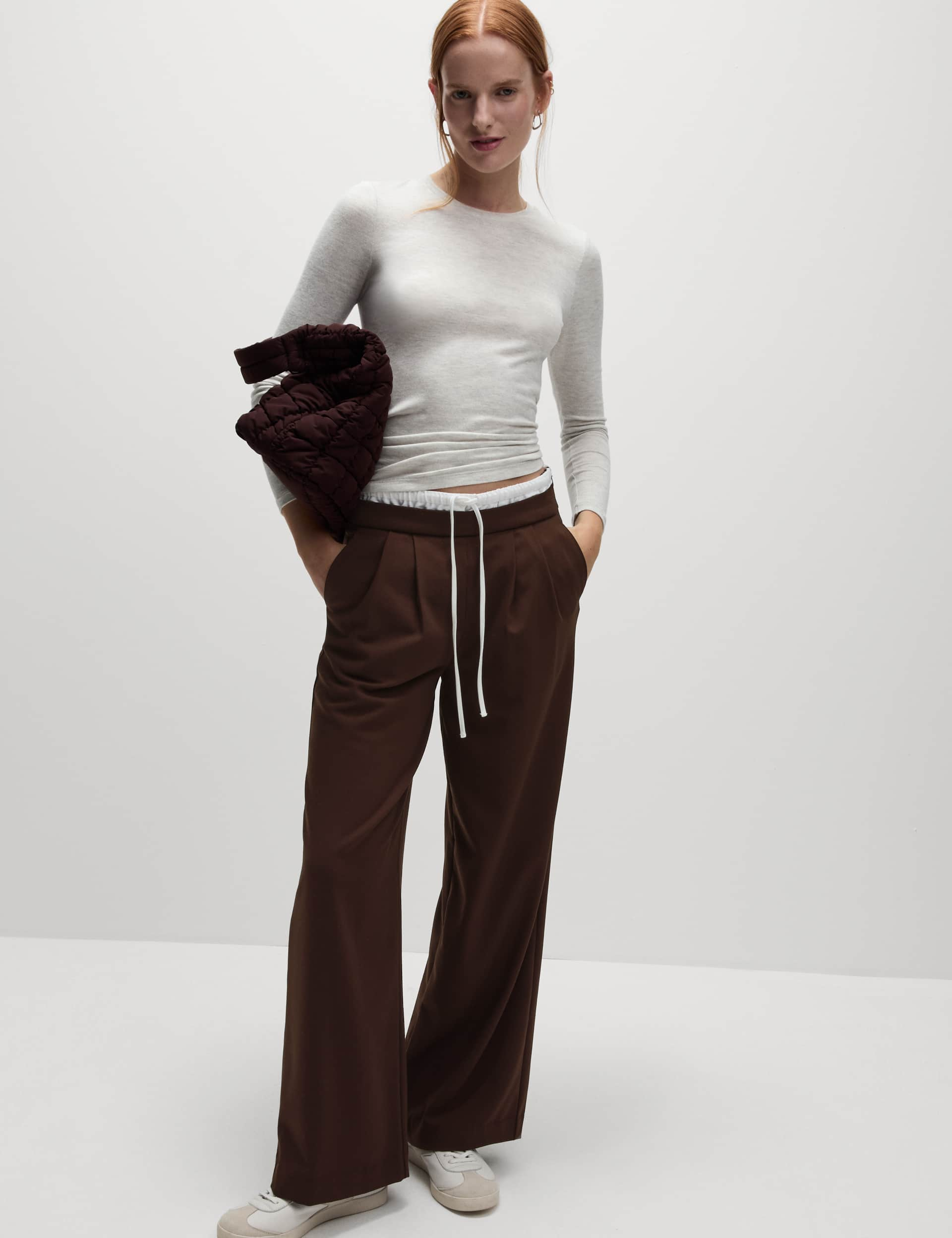 M&S Women's Drawstring Wide Leg Trousers - 14REG - Brown Mix, Brown Mix