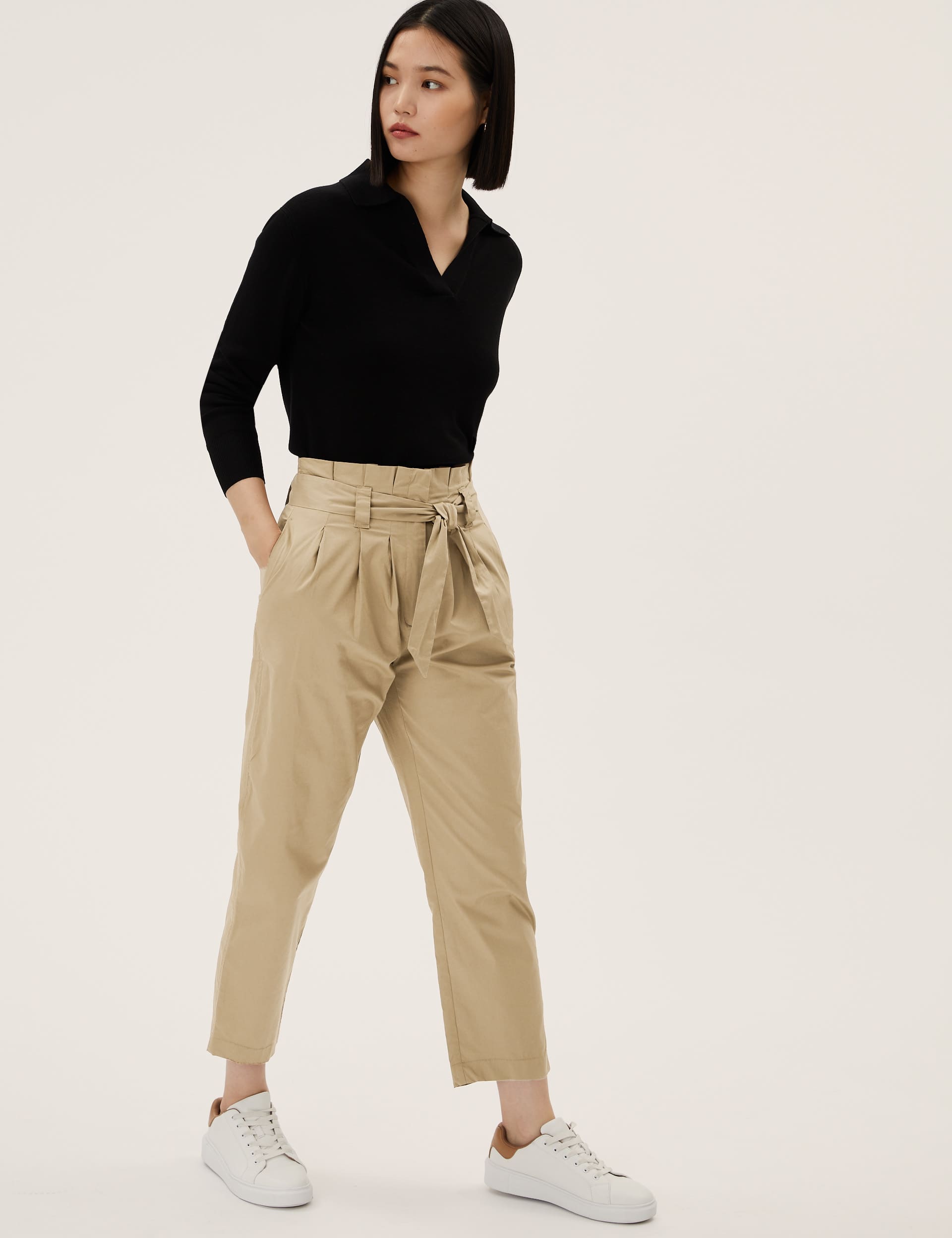 M&S Women's Cotton Rich Balloon Tapered Trousers - 18LNG - Latte, Latte