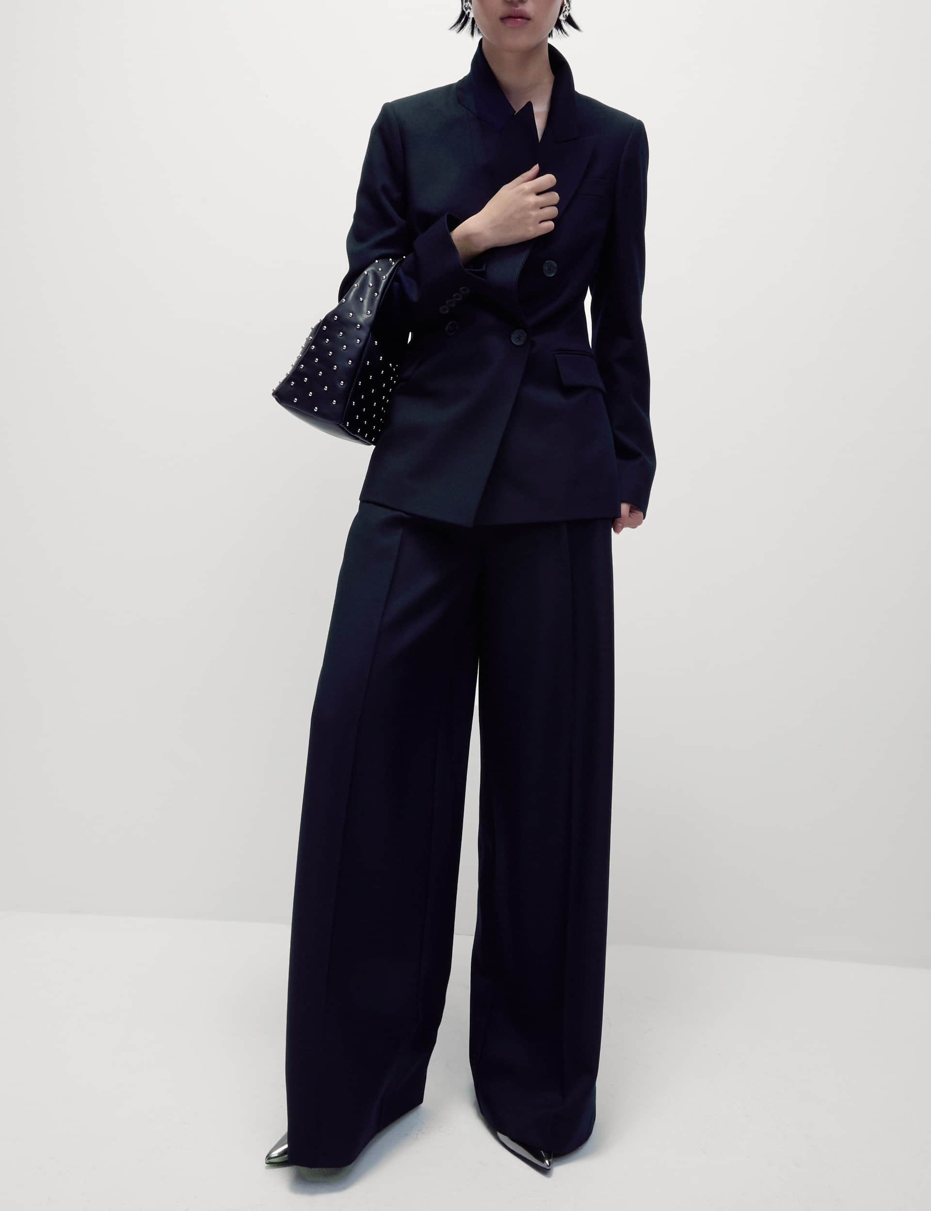 M&S Women's Wool Blend Tailored Wide Leg Trousers - 14SHT - Midnight Navy, Midnight Navy