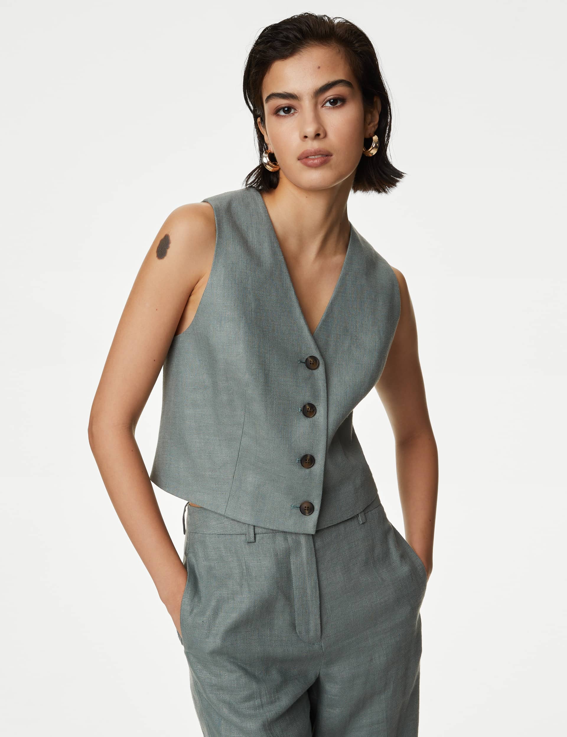 M&S Women's Linen Rich Tailored Waistcoat - 18 - Dark Sage, Dark Sage