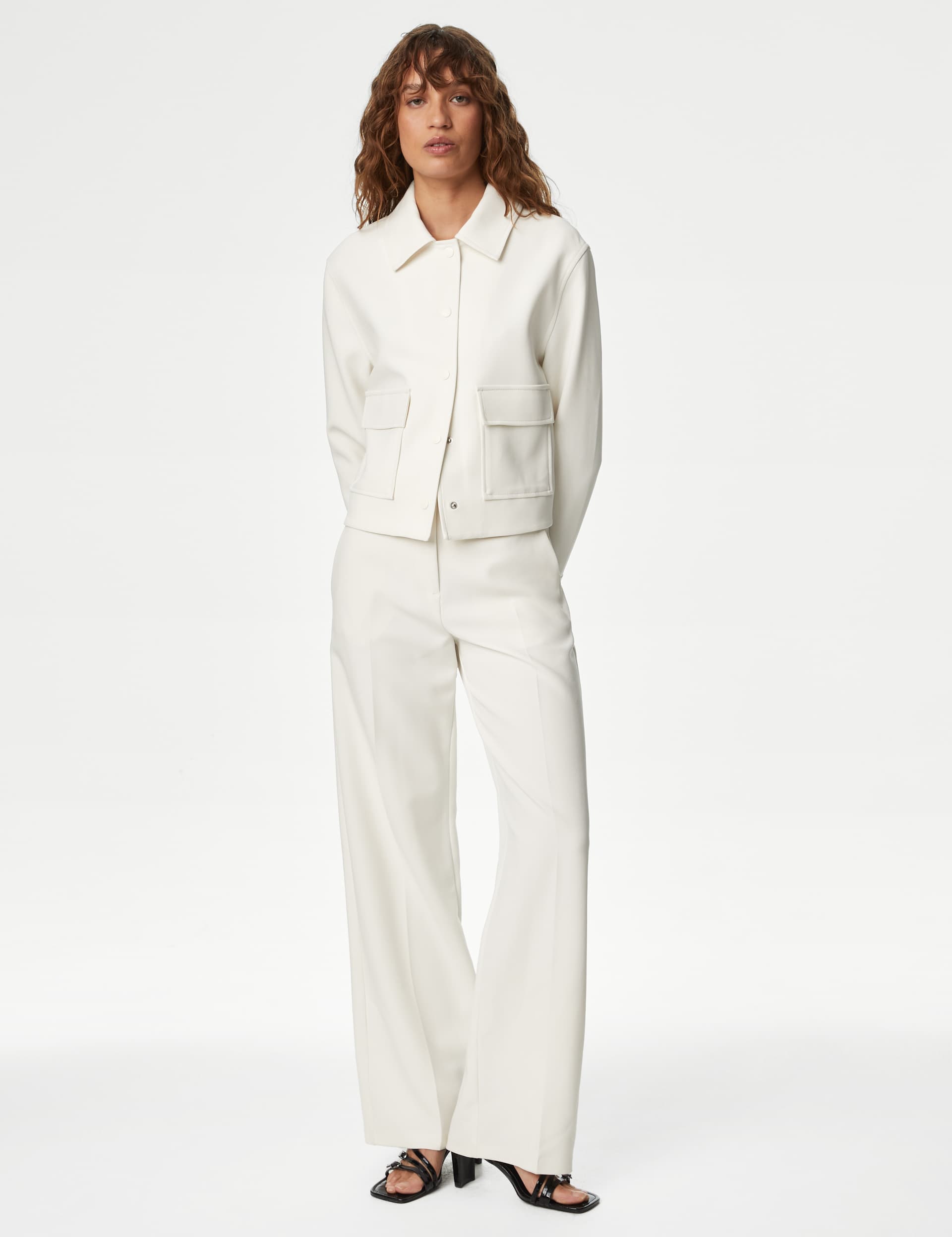 M&S Women's Twill Tailored Wide Leg Trousers - 12REG - Ivory, Ivory