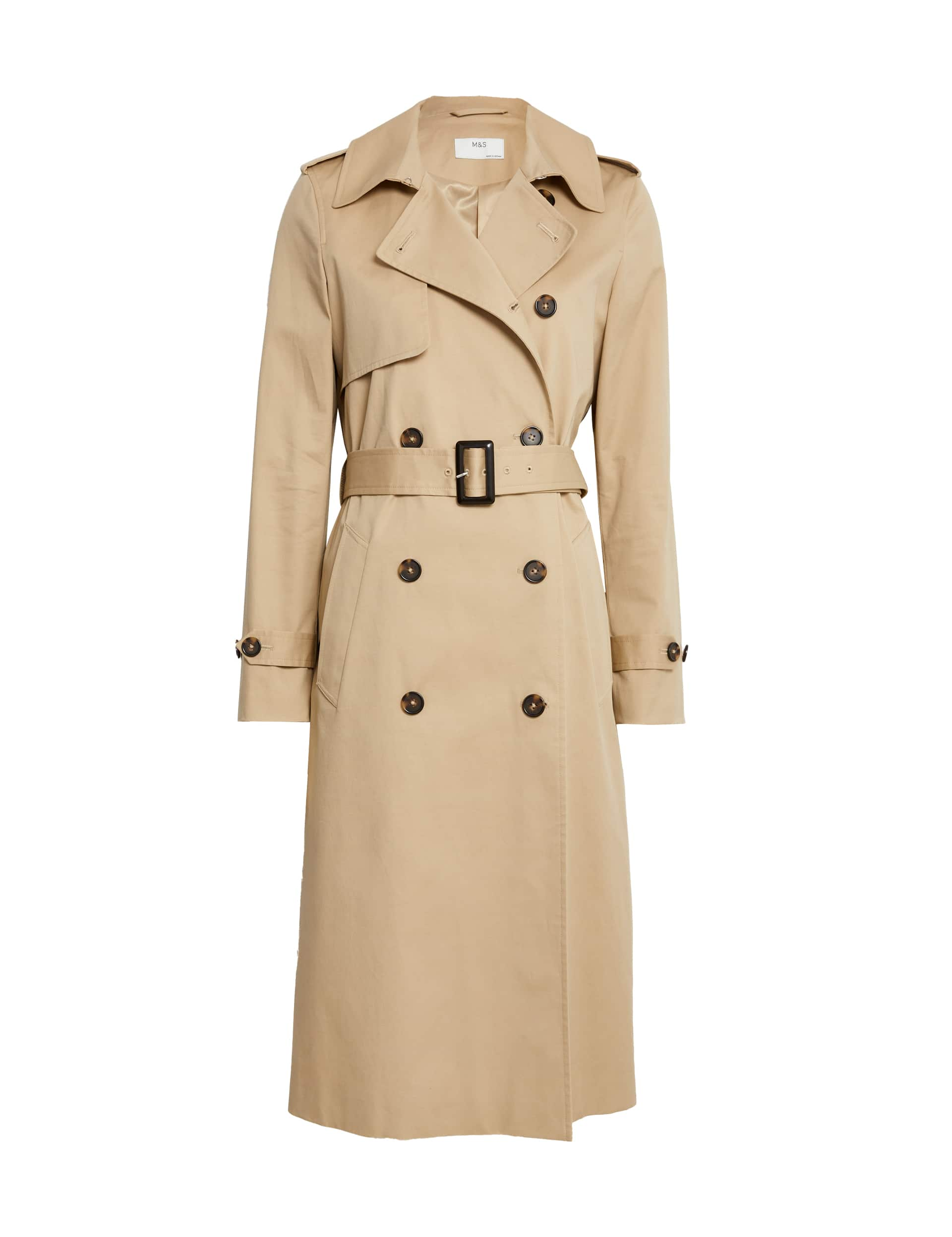 M&S Collection Women's Cotton Rich Belted Longline Trench Coat - 12 - Buff, Black,Buff