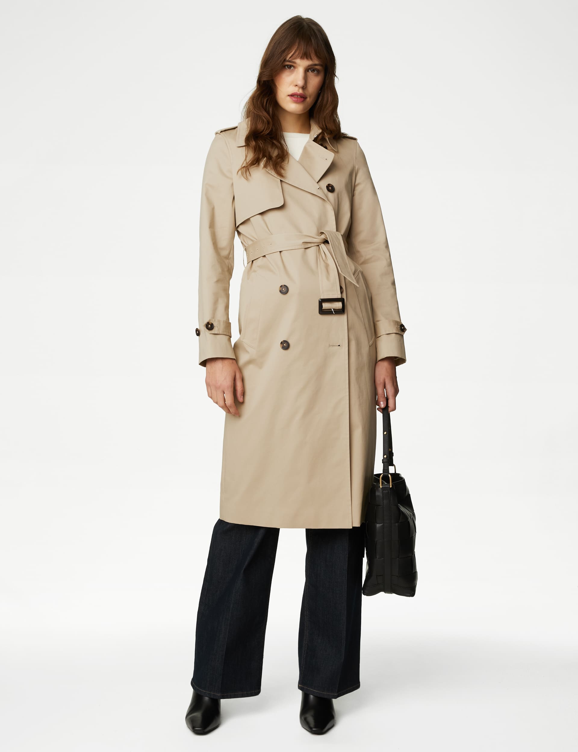 M&S Women's Petite Cotton Rich Double Breasted Trench Coat - 20PET - Buff, Buff