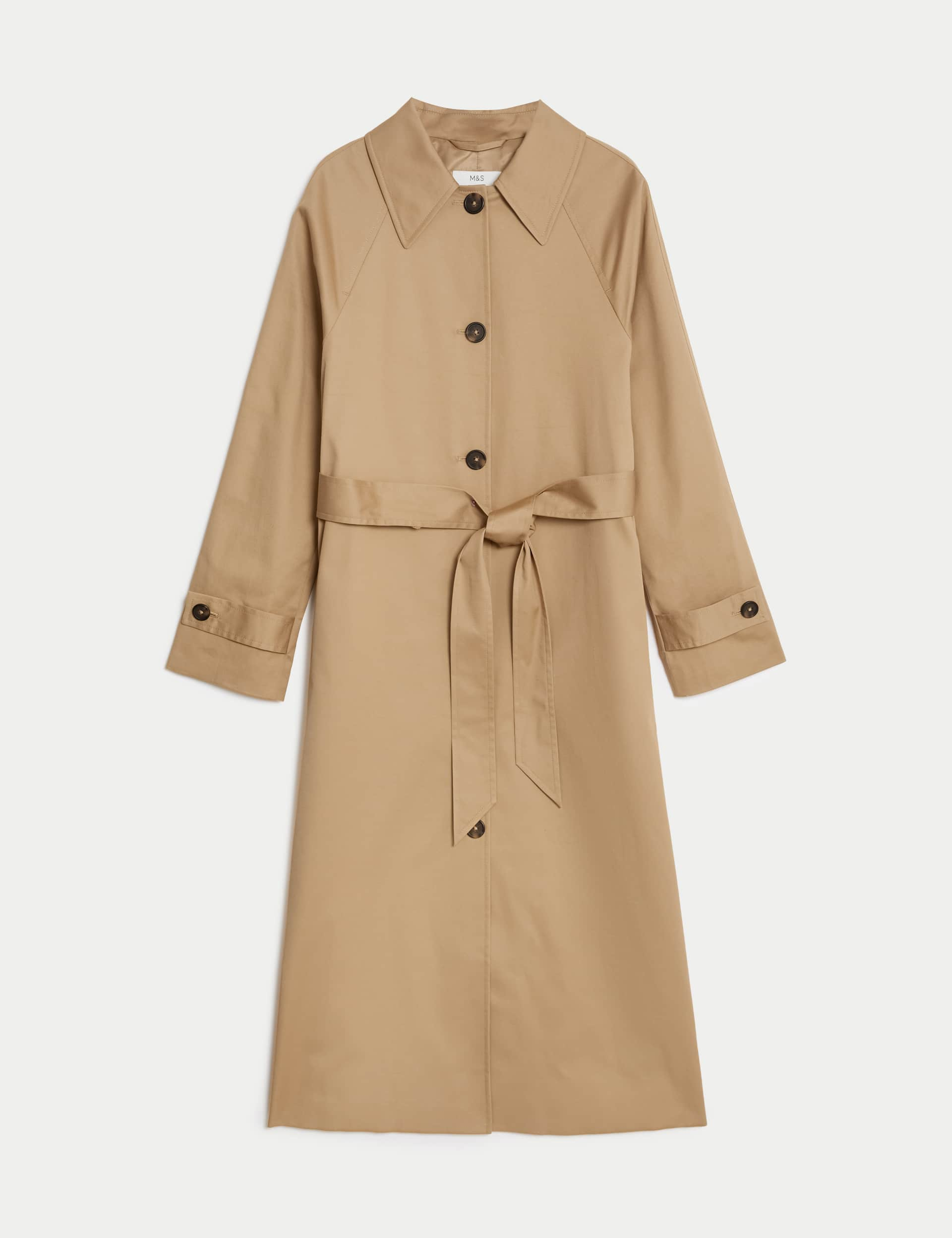 M&S Collection Women's Cotton Rich Belted Longline Trench Coat - 16 - Tan, Tan