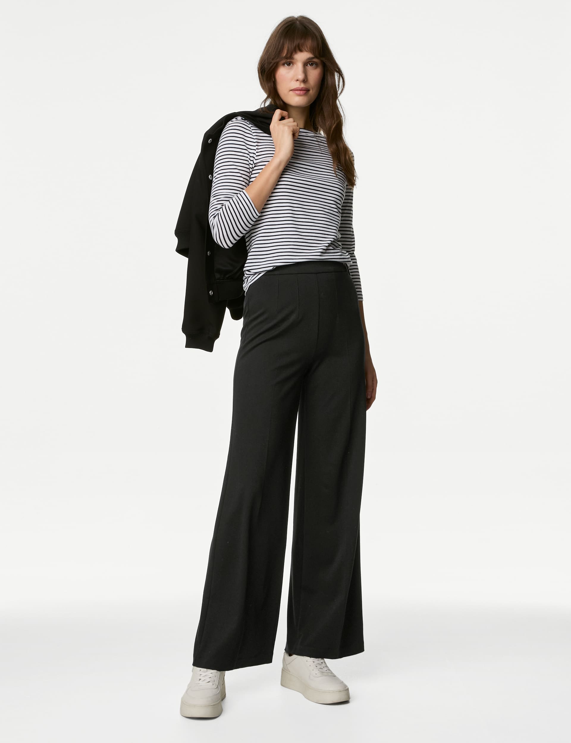 M&S Women's Jersey Wide Leg Trousers with Stretch - 12SHT - Black, Black,Dark Navy,Dark Khaki,Charco