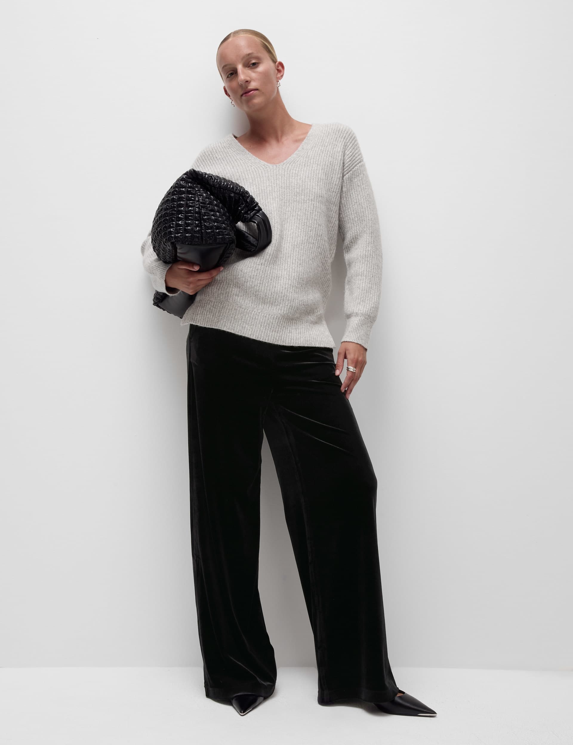 M&S Women's Velvet Elasticated Waist Wide Leg Trousers