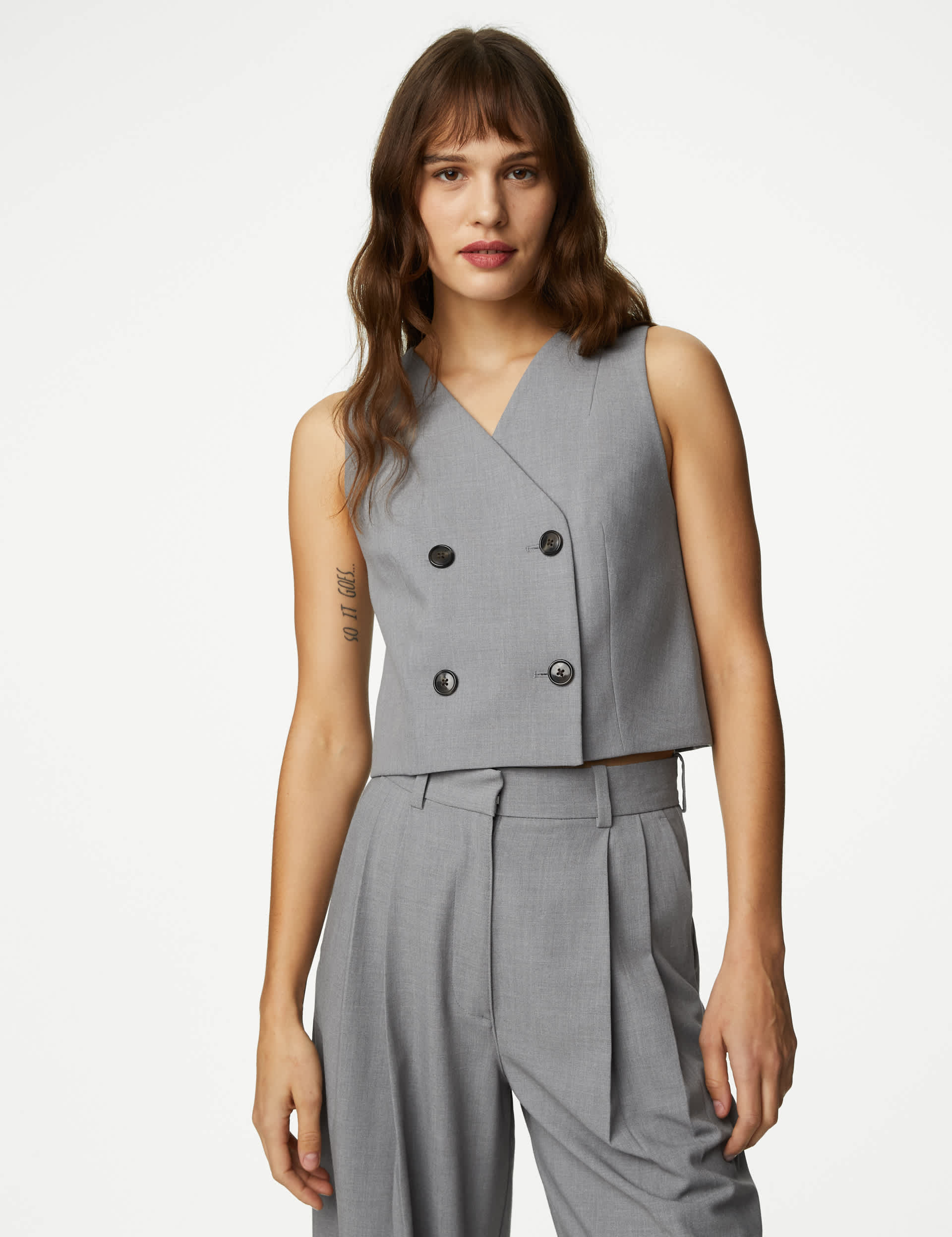 M&S Women's Tailored Double Breasted Waistcoat - 20 - Grey Marl, Grey Marl