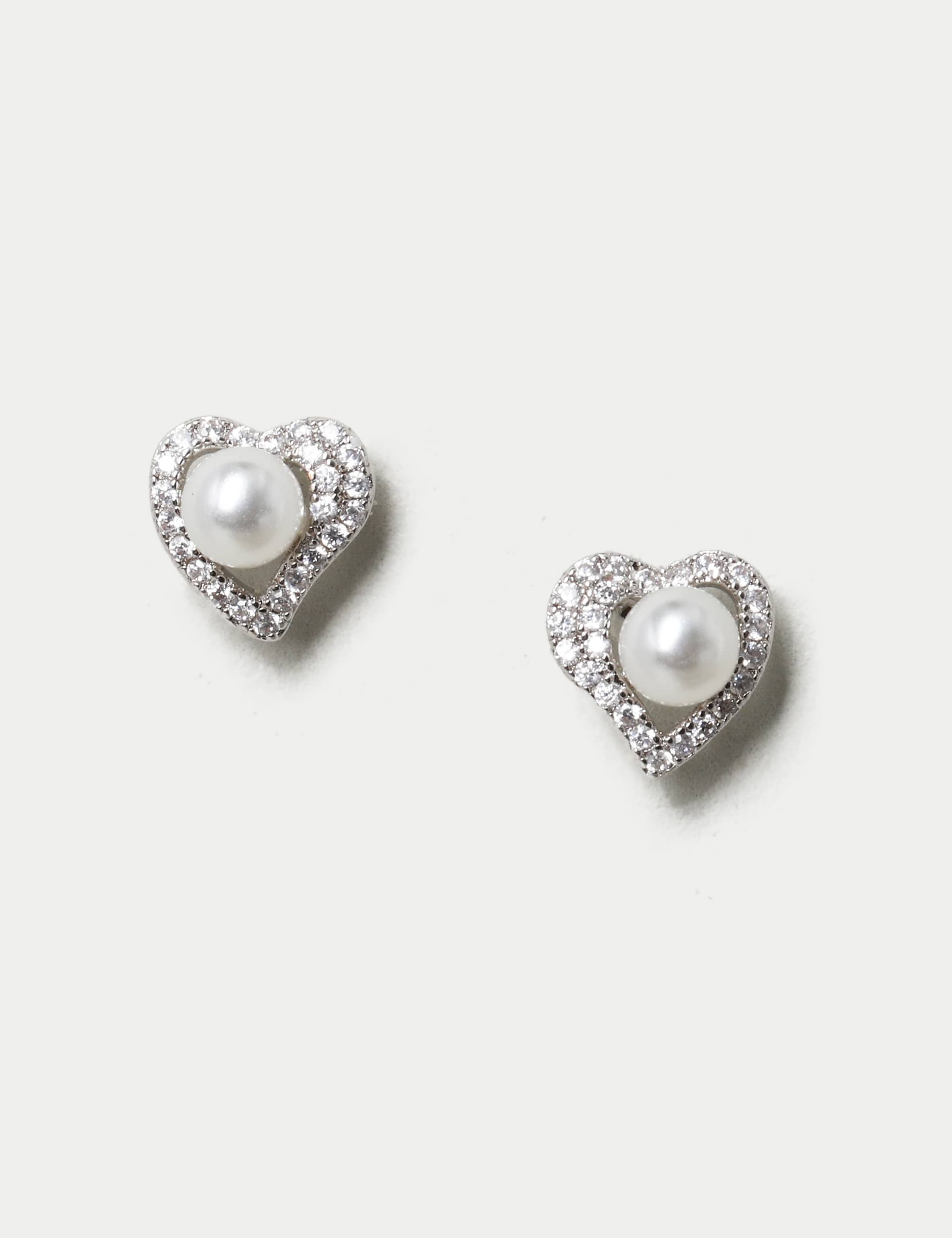 M&S Women's Platinum Plated Heart and Pearl Detail Earrings - Crystal, Crystal