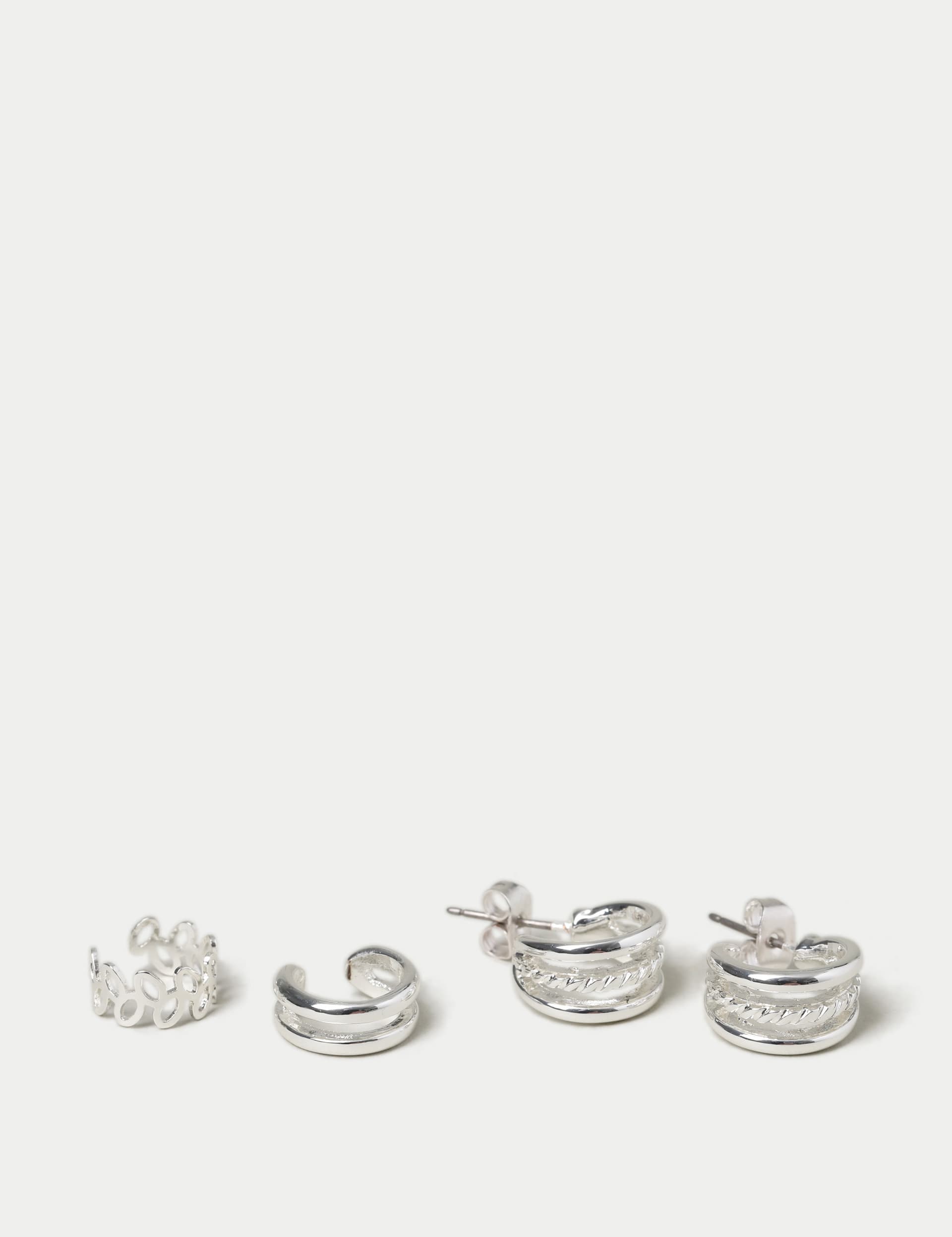 M&S Women's 3 Pack Silver Tone Ear Party, Silver