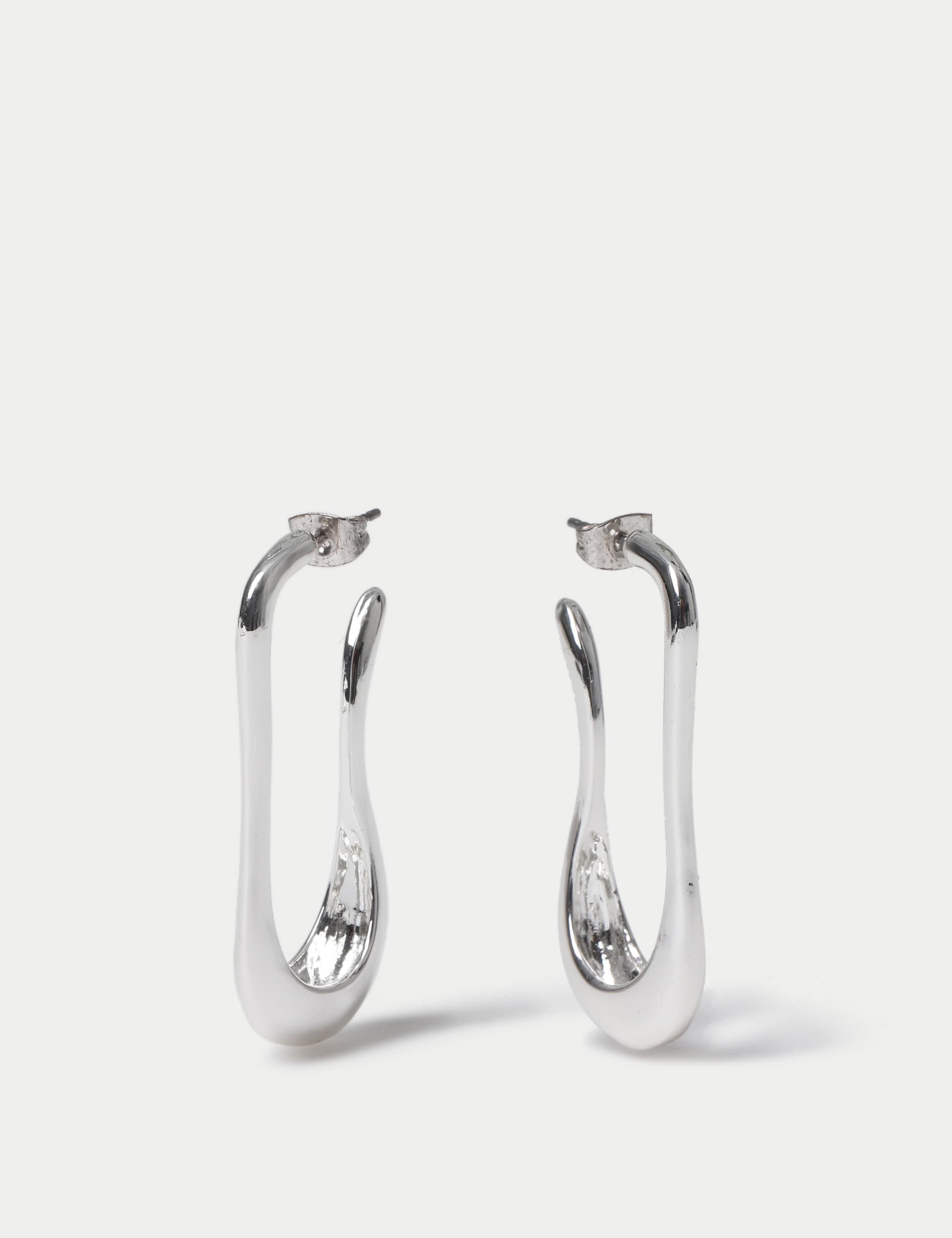 M&S Women's Silver Tone Elongated Wave Hoop Earrings  Silver